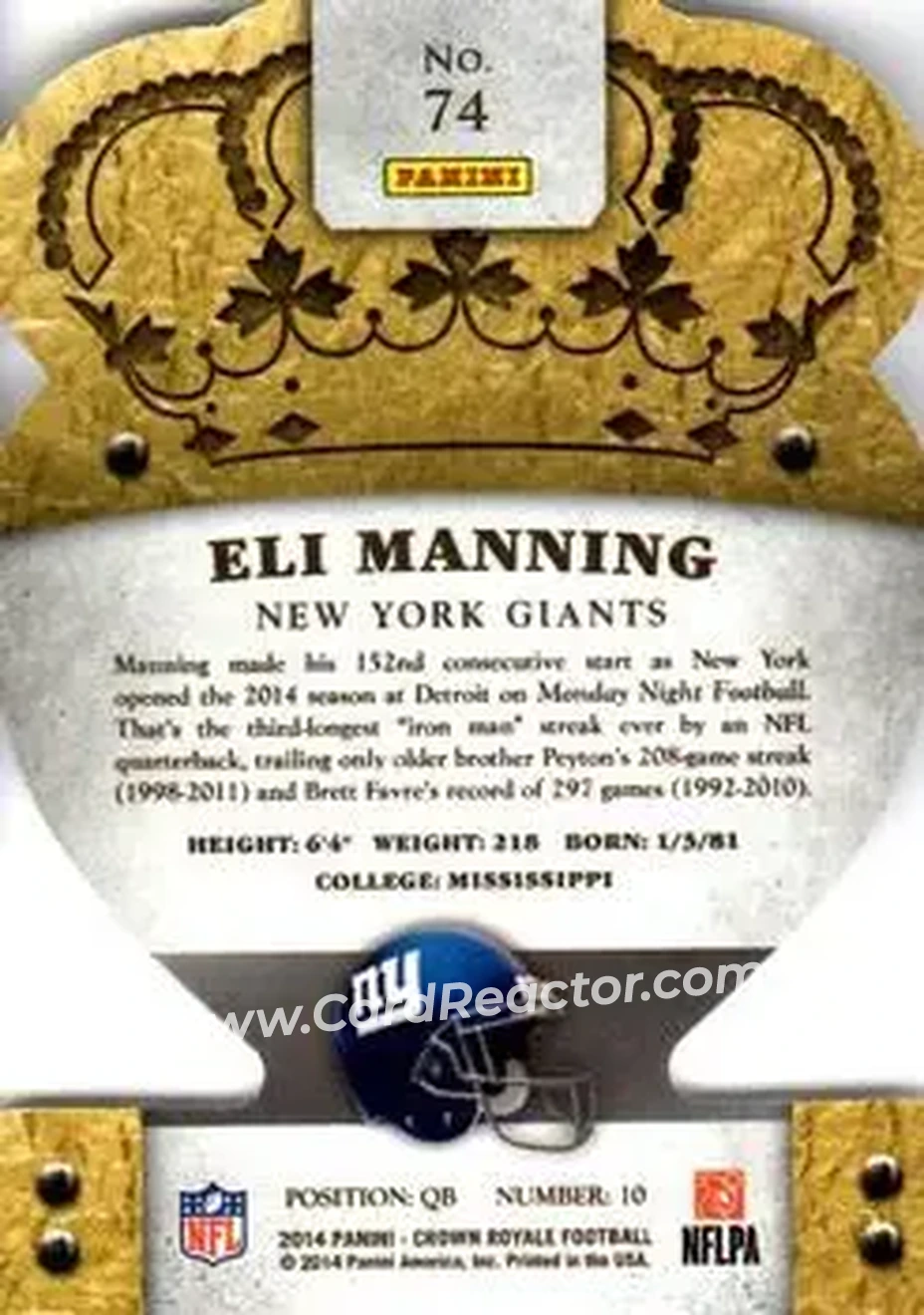 2014 Panini Crown Royale #74 - Eli Manning - New York Giants - Back