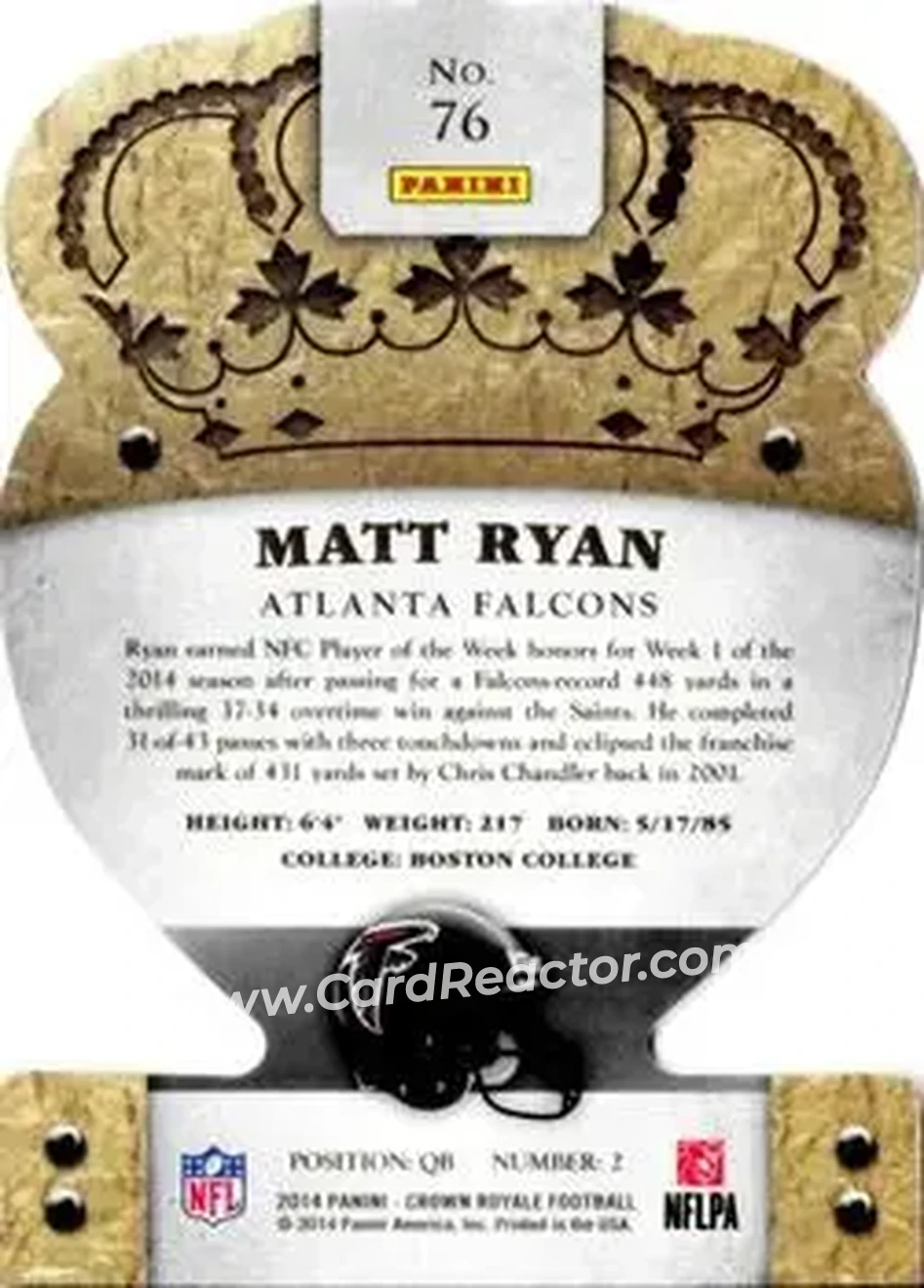 2014 Panini Crown Royale #76 - Matt Ryan - Atlanta Falcons - Back