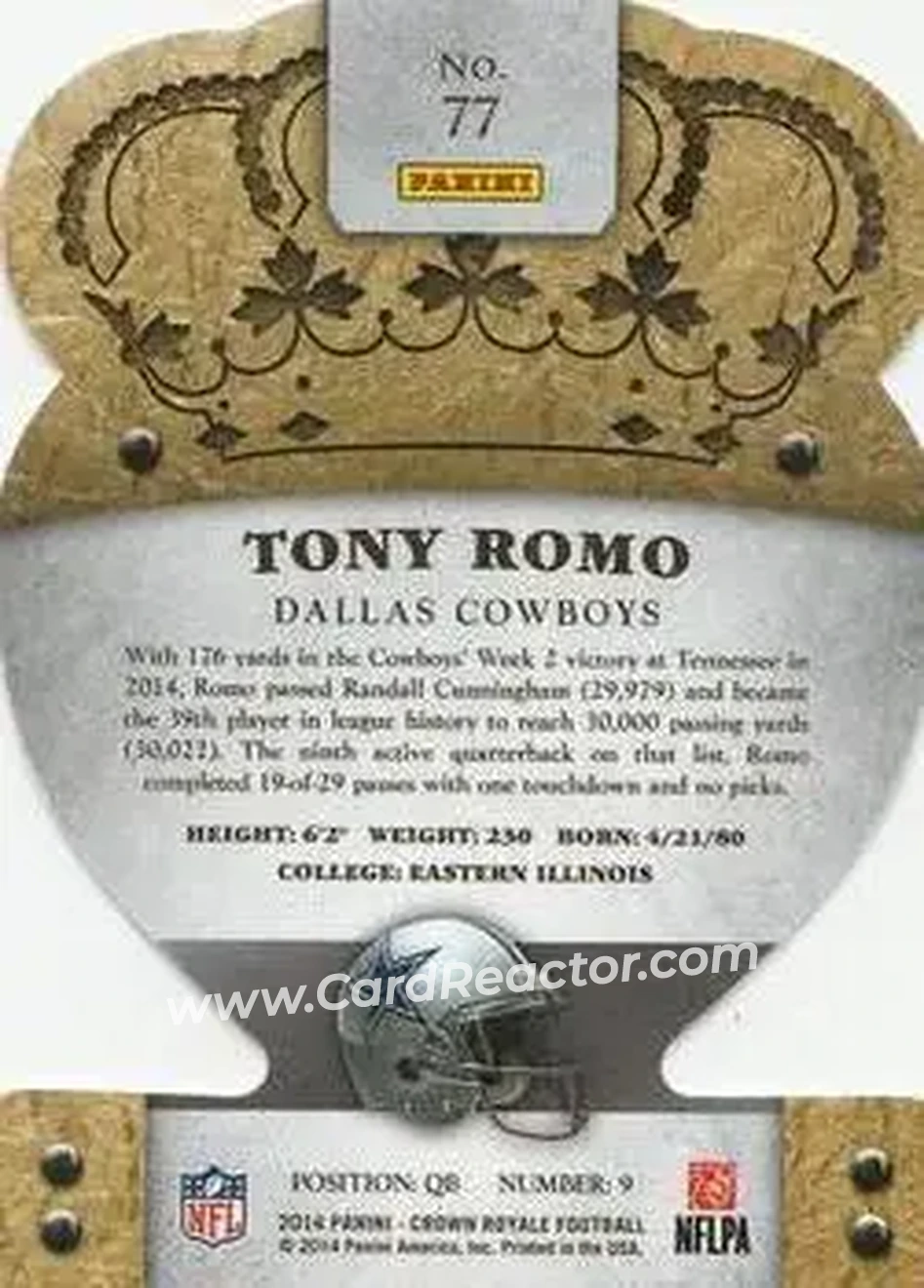 2014 Panini Crown Royale #77 - Tony Romo - Dallas Cowboys - Back
