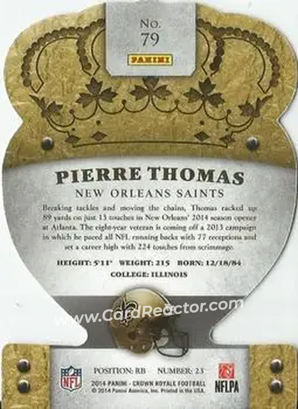2014 Panini Crown Royale #79 - Pierre Thomas - New Orleans Saints - Back
