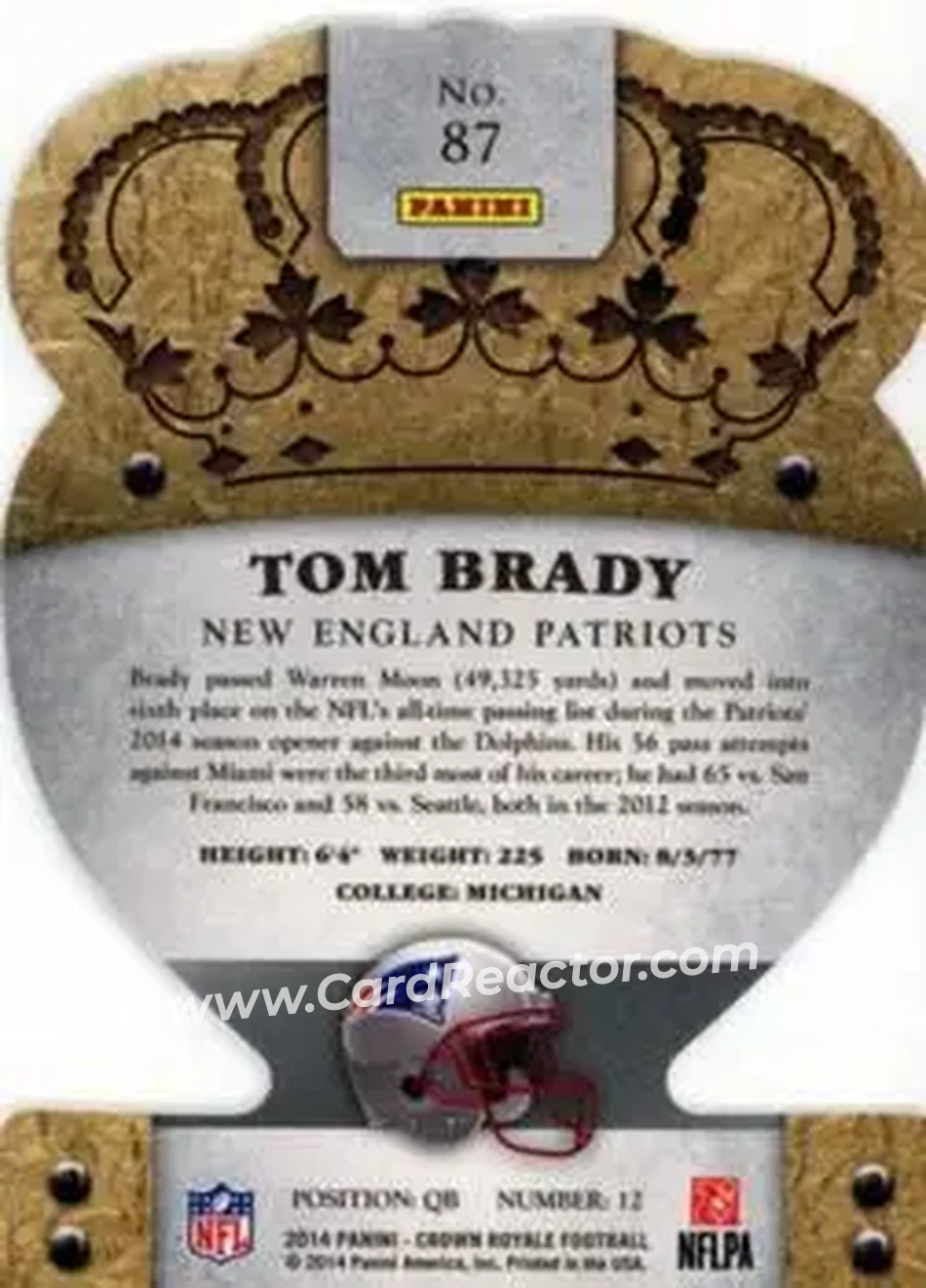 2014 Panini Crown Royale #87 - Tom Brady - New England Patriots - Back 2014 Panini Crown Royale #87 - Tom Brady - New England Patriots - Back