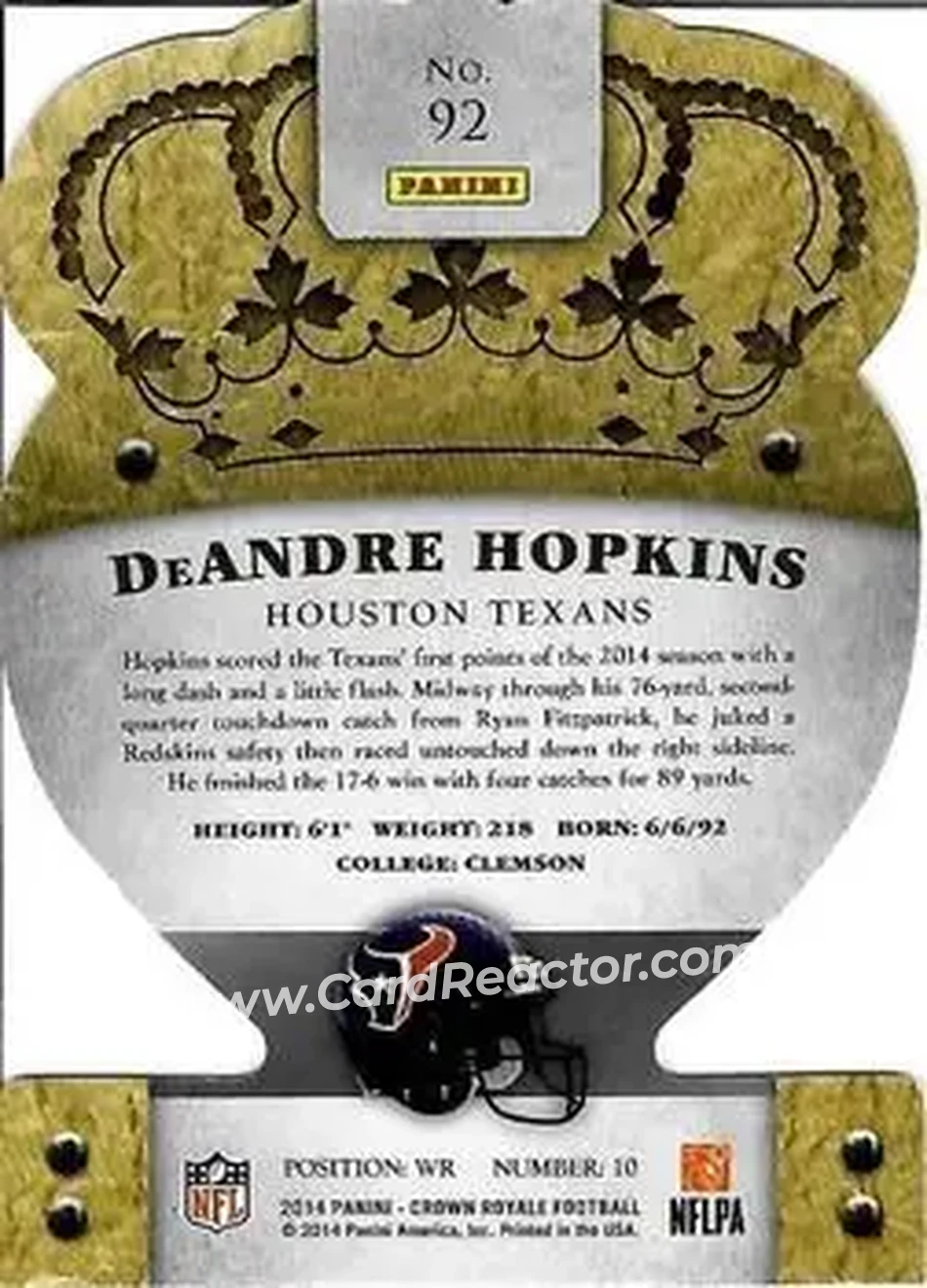 2014 Panini Crown Royale #92 - DeAndre Hopkins - Houston Texans - Back
