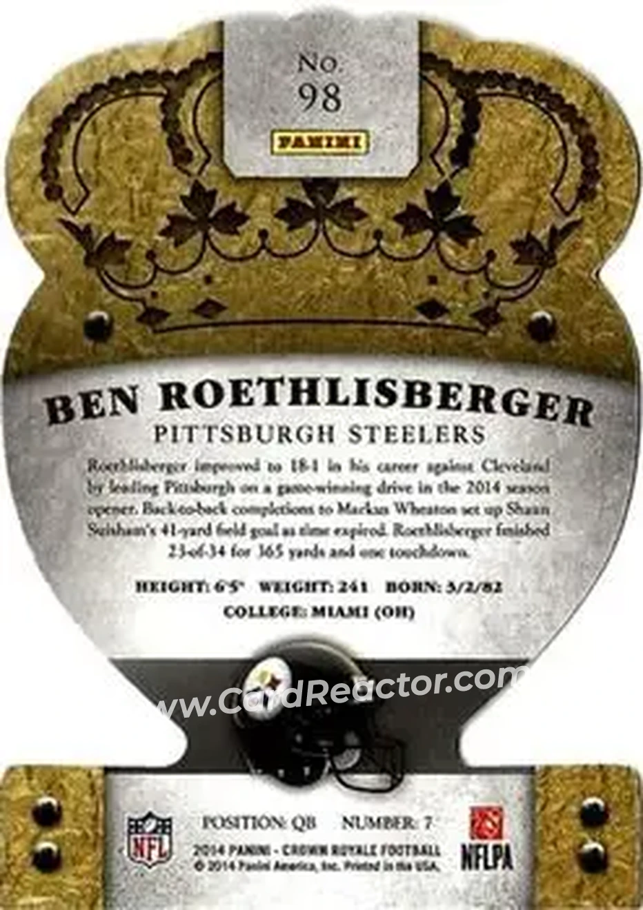2014 Panini Crown Royale #98 - Ben Roethlisberger - Pittsburgh Steelers - Back