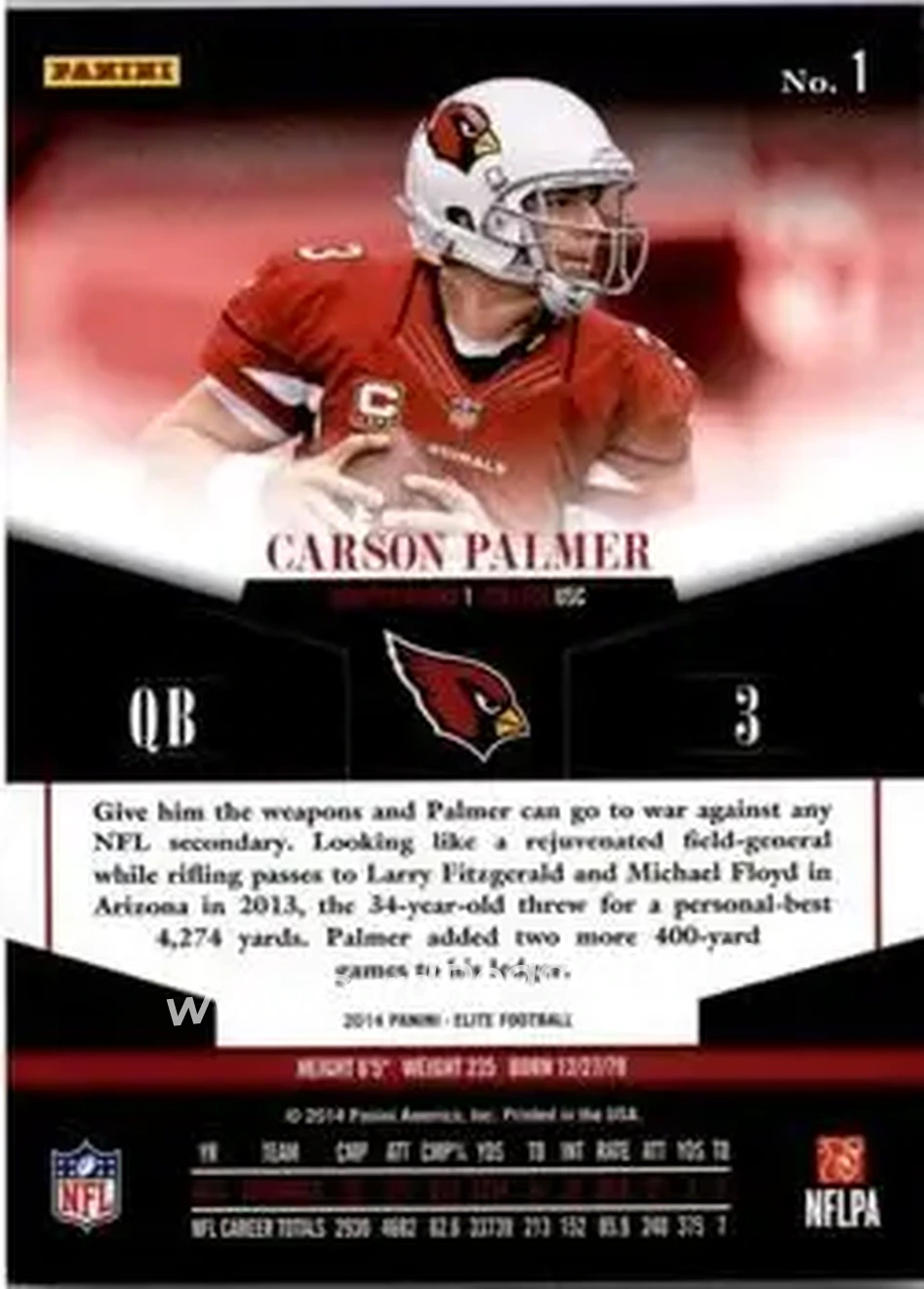 2014 Panini Elite #1 - Carson Palmer - Arizona Cardinals - Back