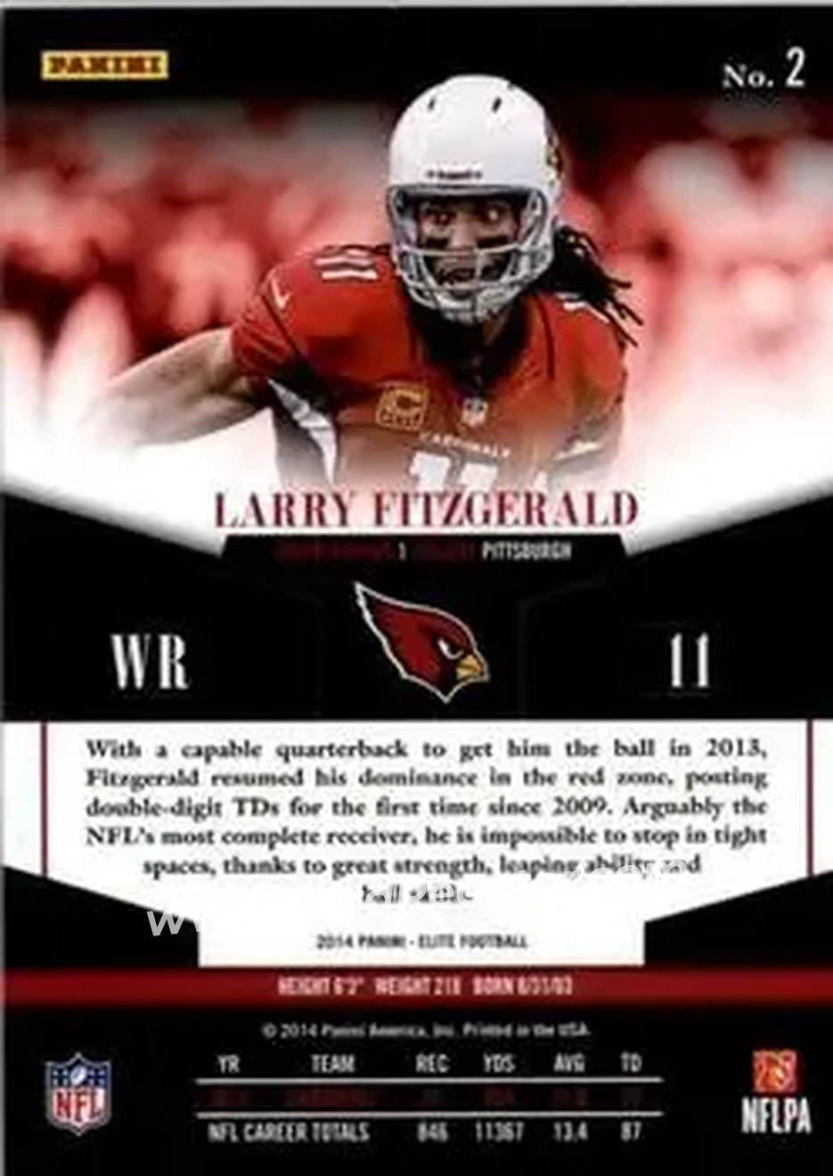 2014 Panini Elite #2 - Larry Fitzgerald - Arizona Cardinals - Back 2014 Panini Elite #2 - Larry Fitzgerald - Arizona Cardinals - Back