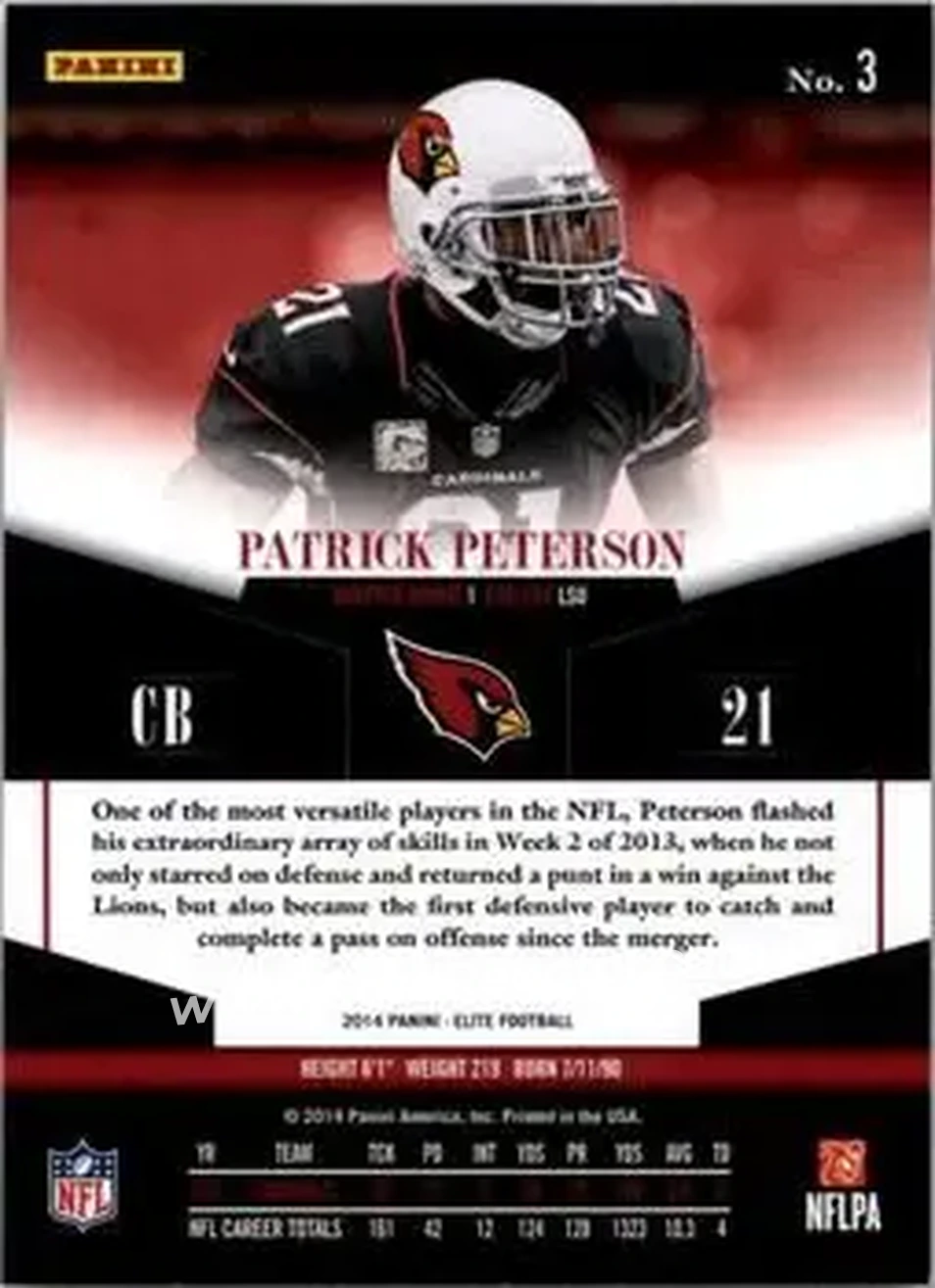 2014 Panini Elite #3 - Patrick Peterson - Arizona Cardinals - Back
