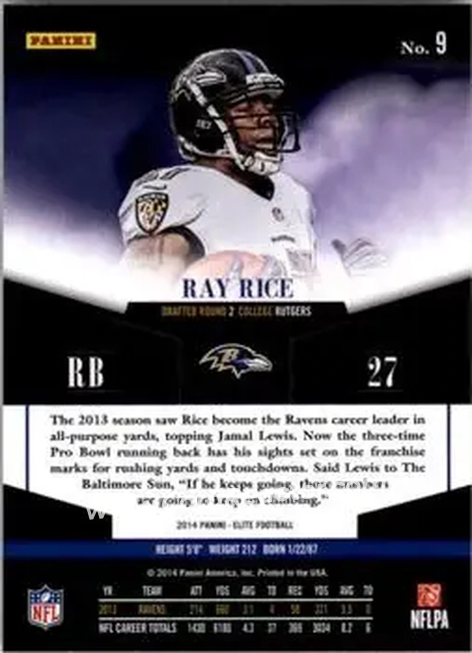 2014 Panini Elite #9 - Ray Rice - Baltimore Ravens - Back
