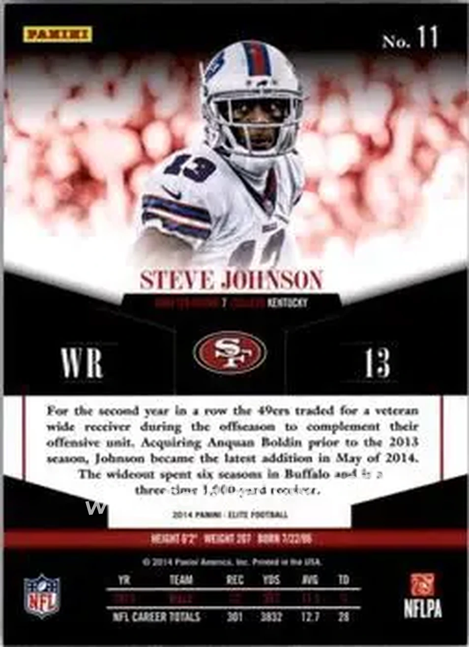 2014 Panini Elite #11 - Steve Johnson - San Francisco 49ers - Back