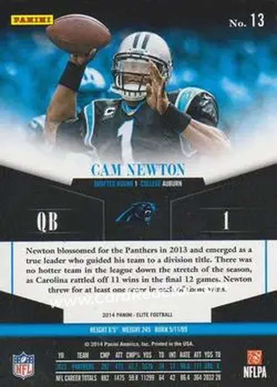 2014 Panini Elite #13 - Cam Newton - Carolina Panthers - Back 2014 Panini Elite #13 - Cam Newton - Carolina Panthers - Back