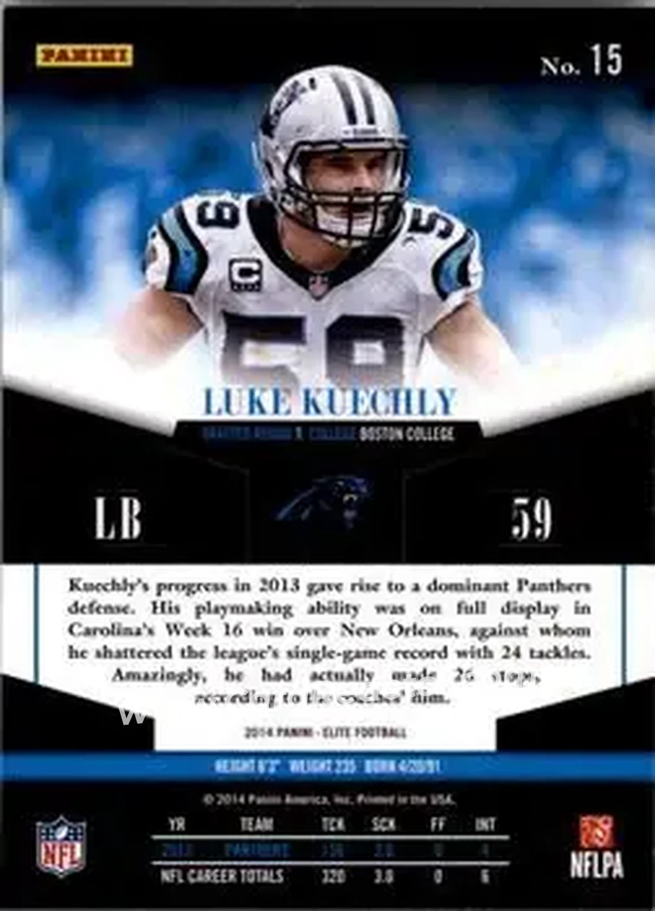 2014 Panini Elite #15 - Luke Kuechly - Carolina Panthers - Back