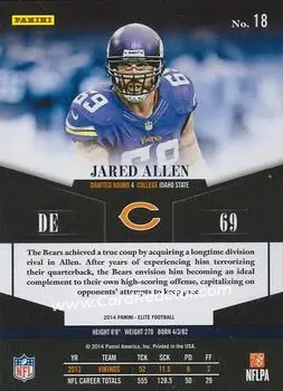 2014 Panini Elite #18 - Jared Allen - Chicago Bears - Back