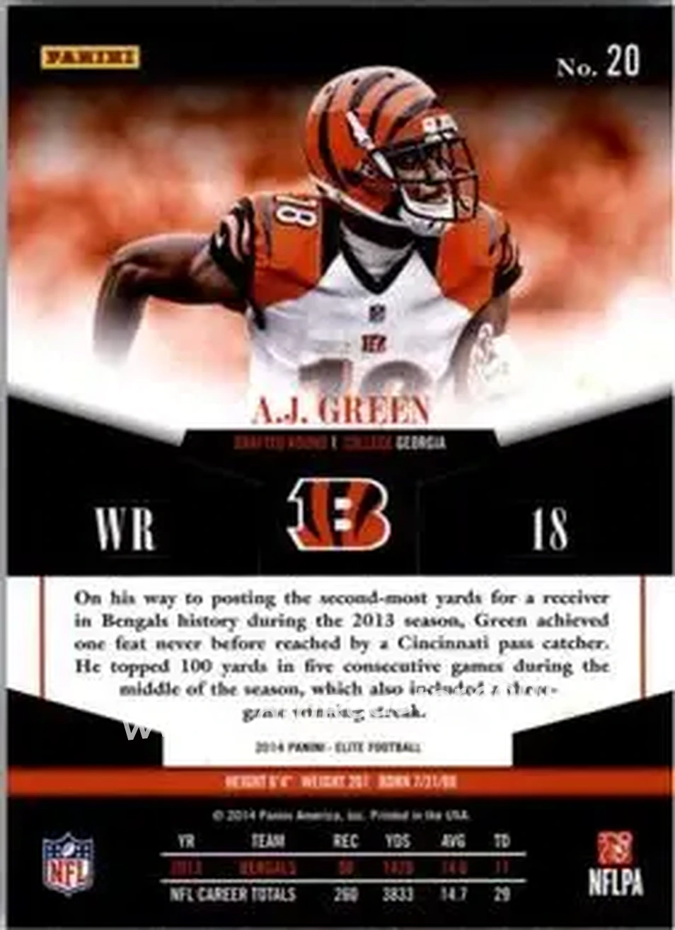 2014 Panini Elite #20 - A.J. Green - Cincinnati Bengals - Back