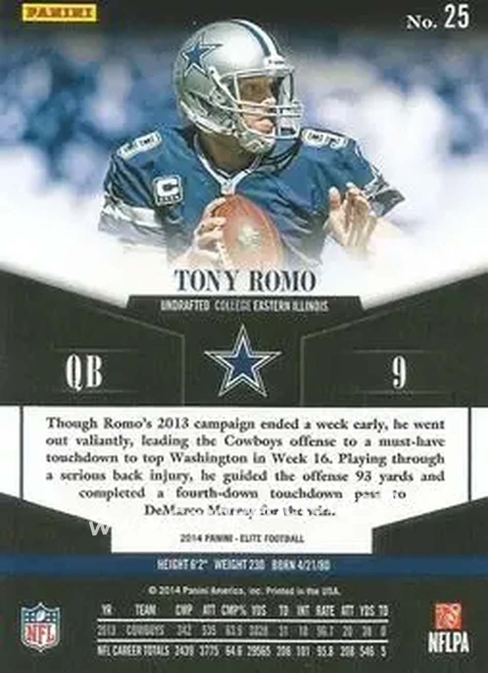 2014 Panini Elite #25 - Tony Romo - Dallas Cowboys - Back