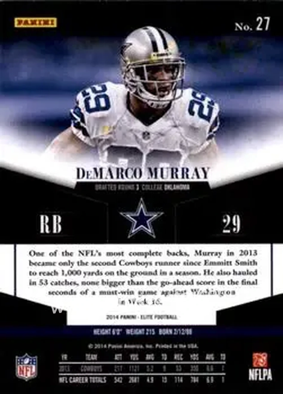 2014 Panini Elite #27 - DeMarco Murray - Dallas Cowboys - Back
