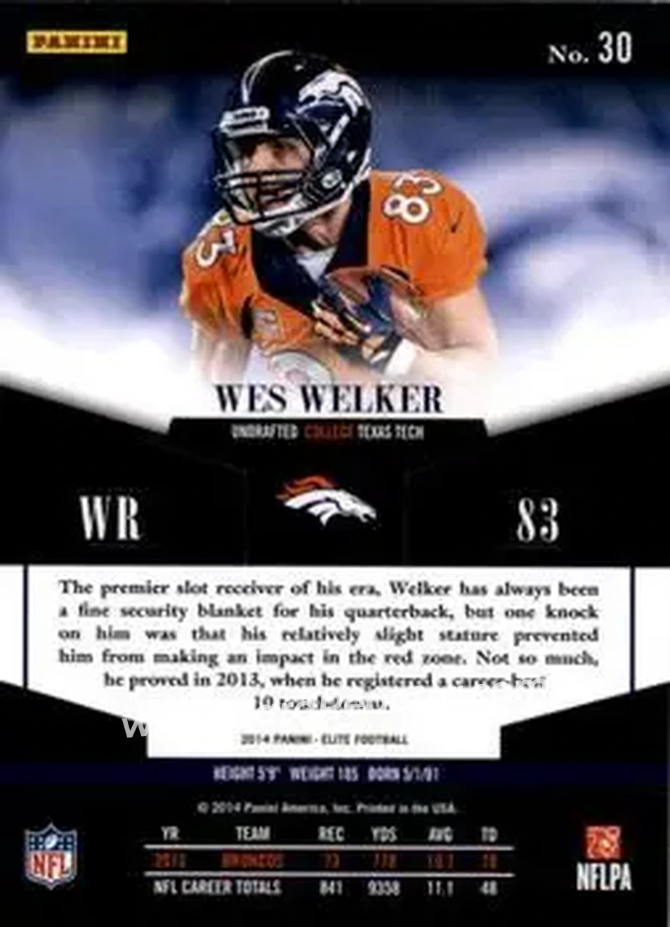 2014 Panini Elite #30 - Wes Welker - Denver Broncos - Back