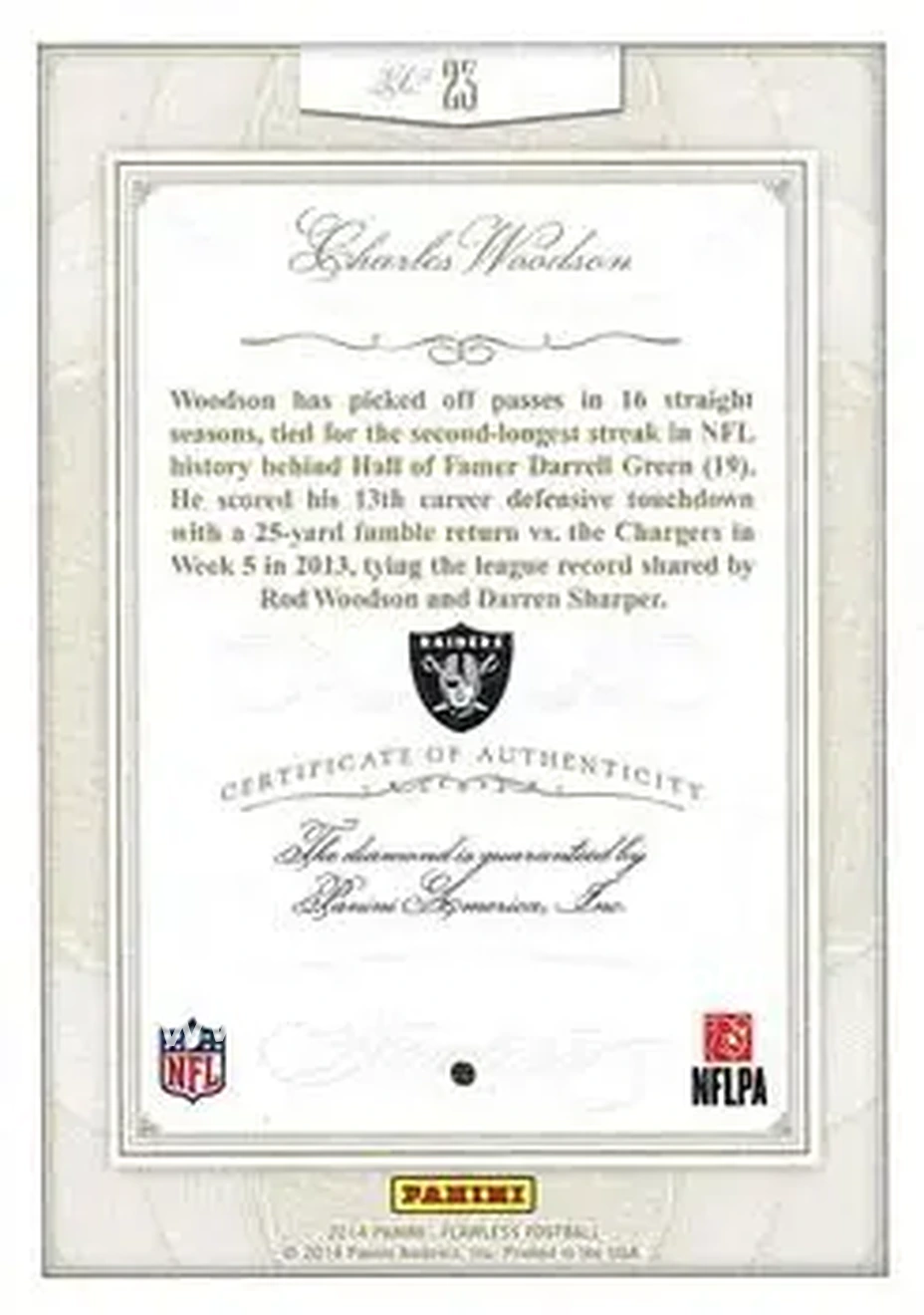 2014 Panini Flawless #23 - Charles Woodson - Oakland Raiders - Back