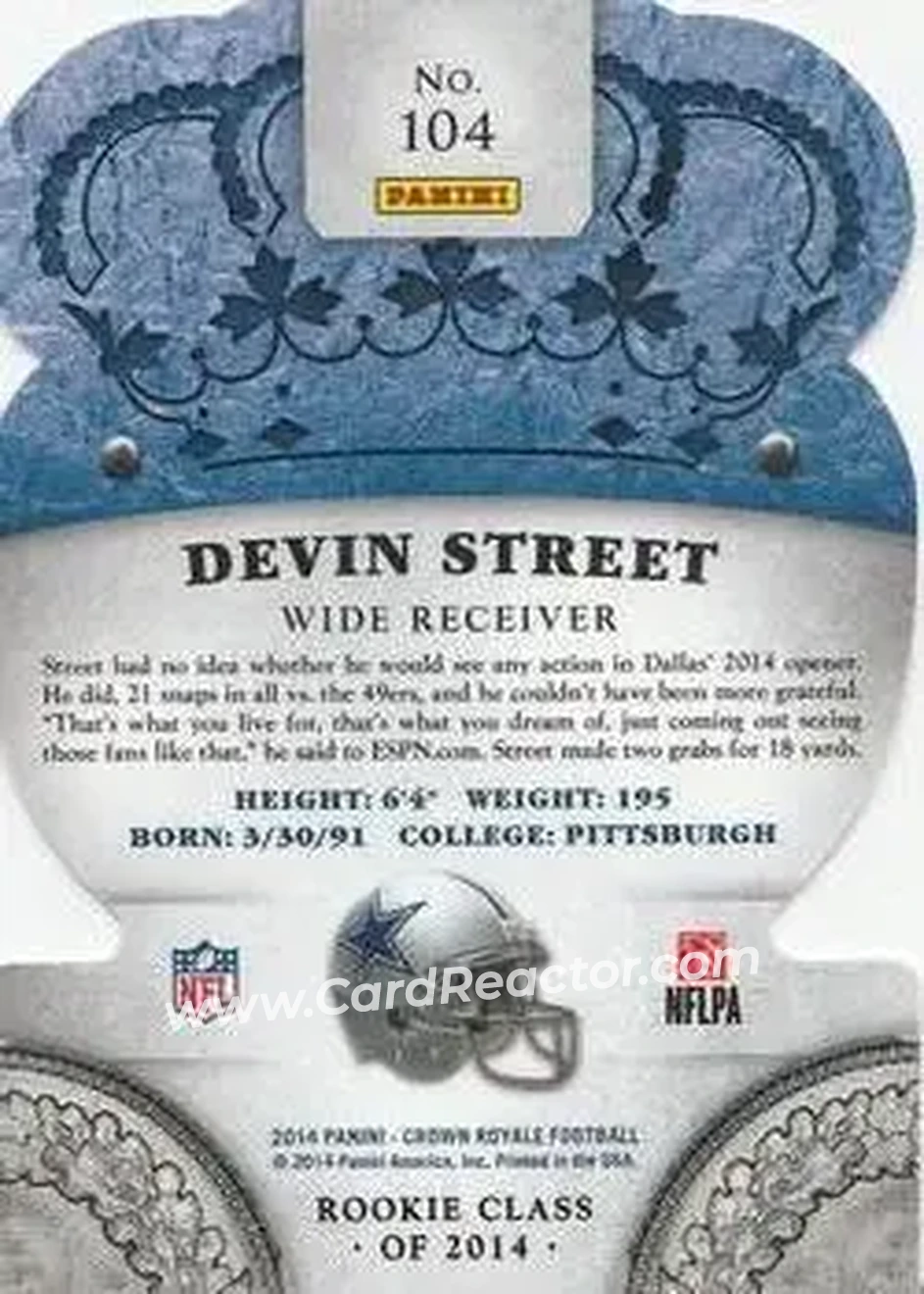 2014 Panini Crown Royale #104 - Devin Street - Dallas Cowboys - Back