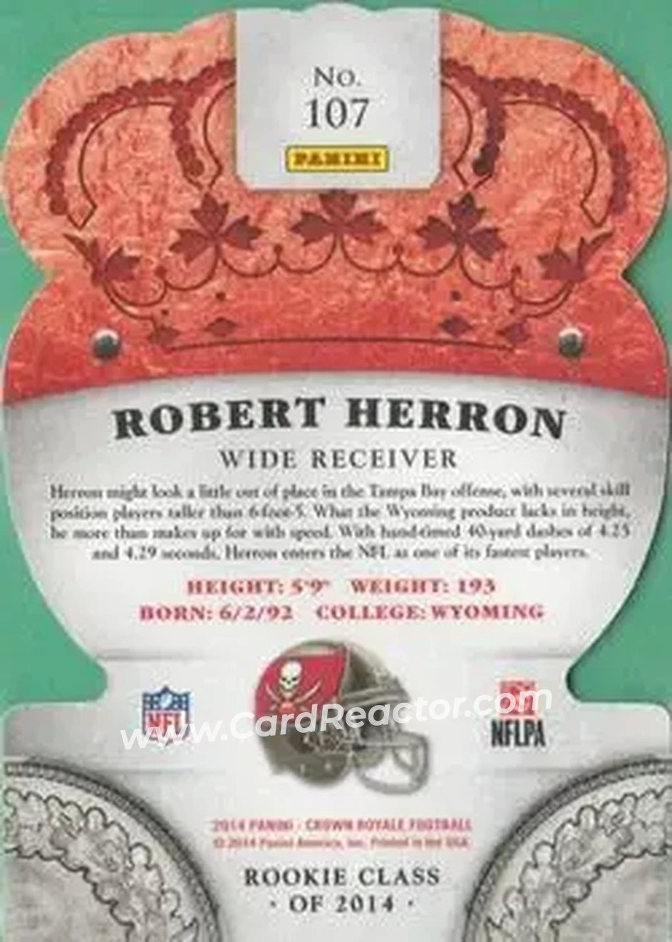 2014 Panini Crown Royale #107 - Robert Herron - Tampa Bay Buccaneers - Back