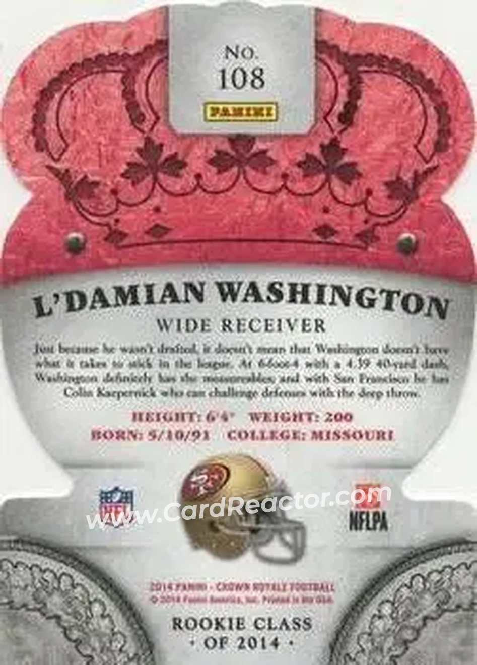 2014 Panini Crown Royale #108 - L'Damian Washington - San Francisco 49ers - Back