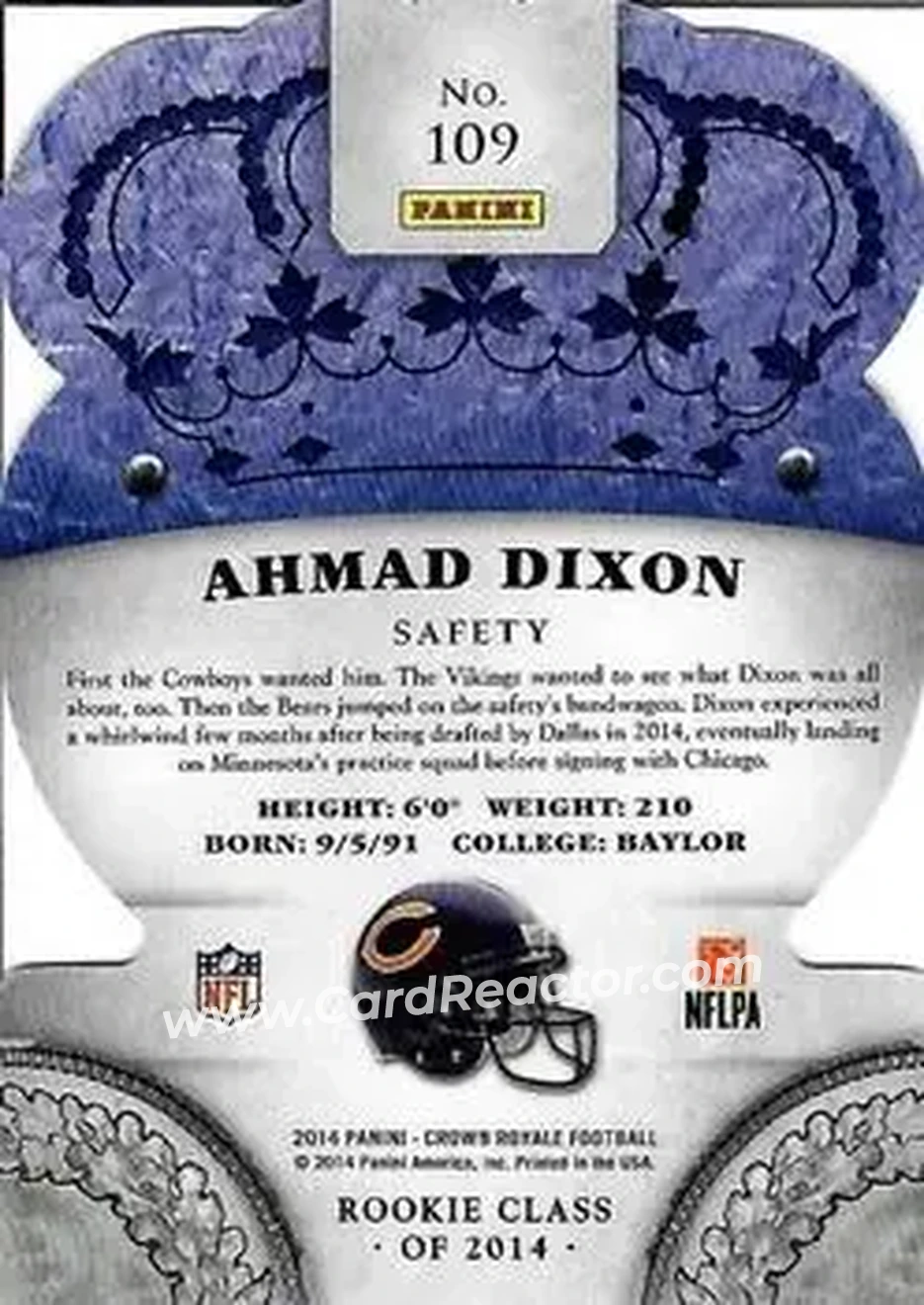 2014 Panini Crown Royale #109 - Ahmad Dixon - Chicago Bears - Back