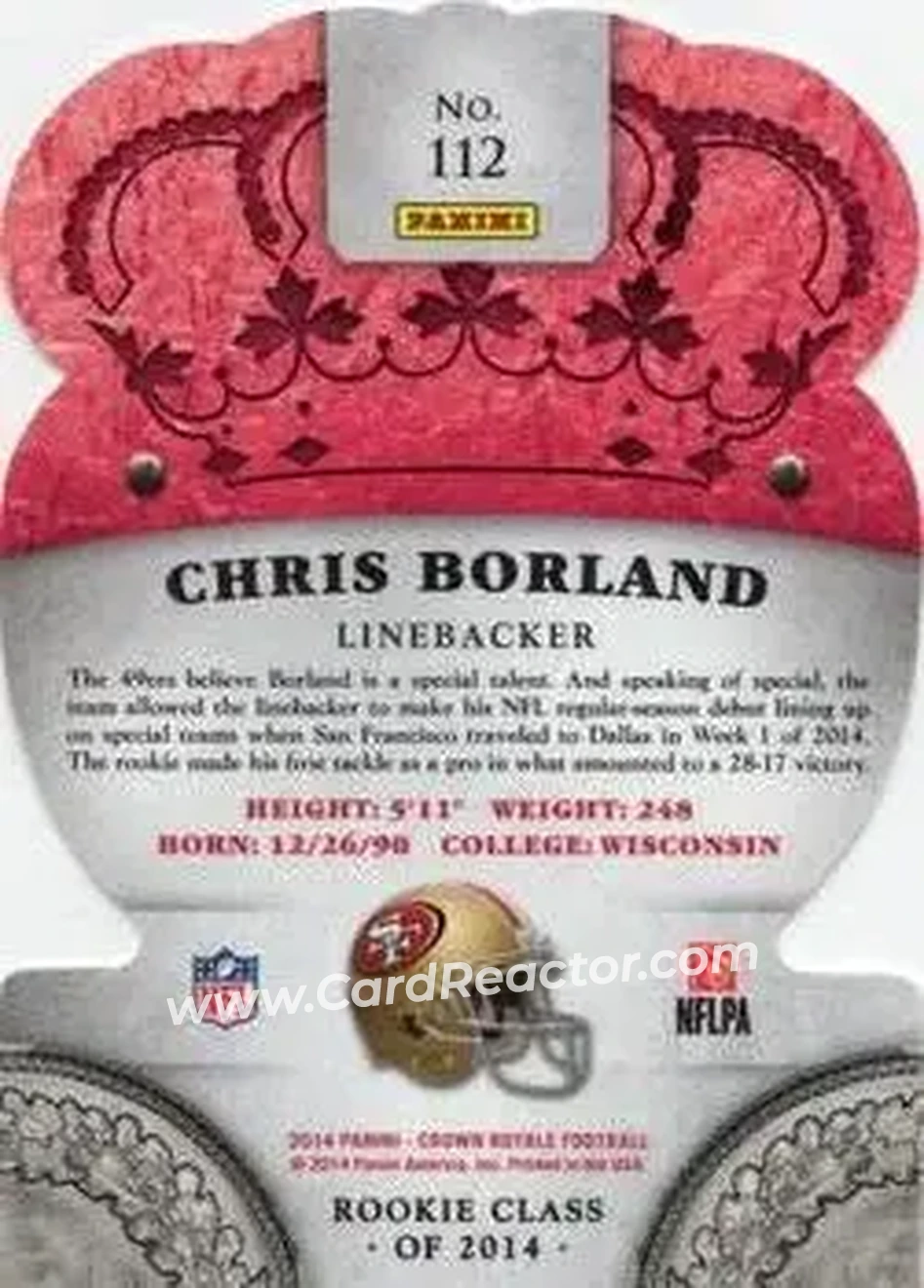 2014 Panini Crown Royale #112 - Chris Borland - San Francisco 49ers - Back