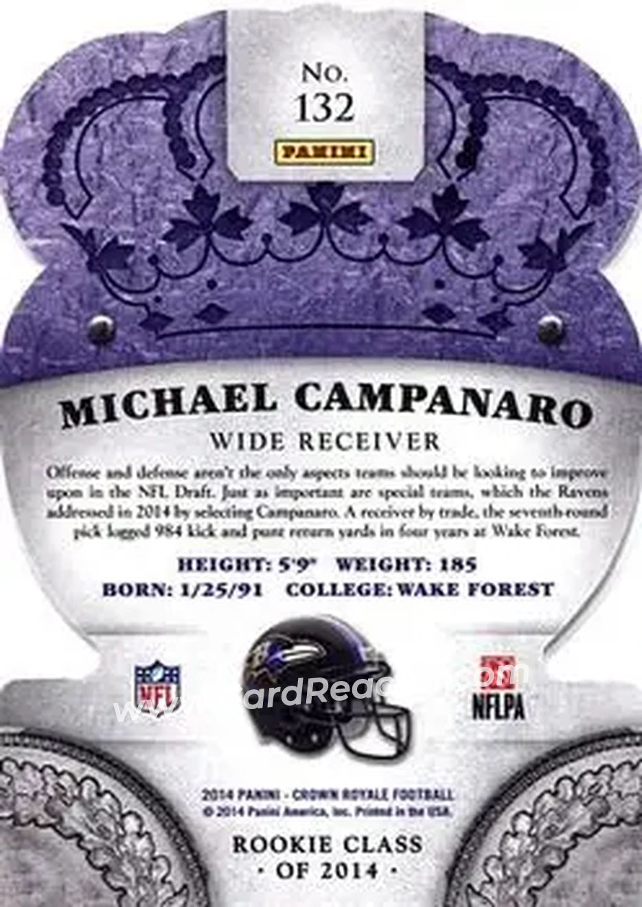 2014 Panini Crown Royale #132 - Michael Campanaro - Baltimore Ravens - Back