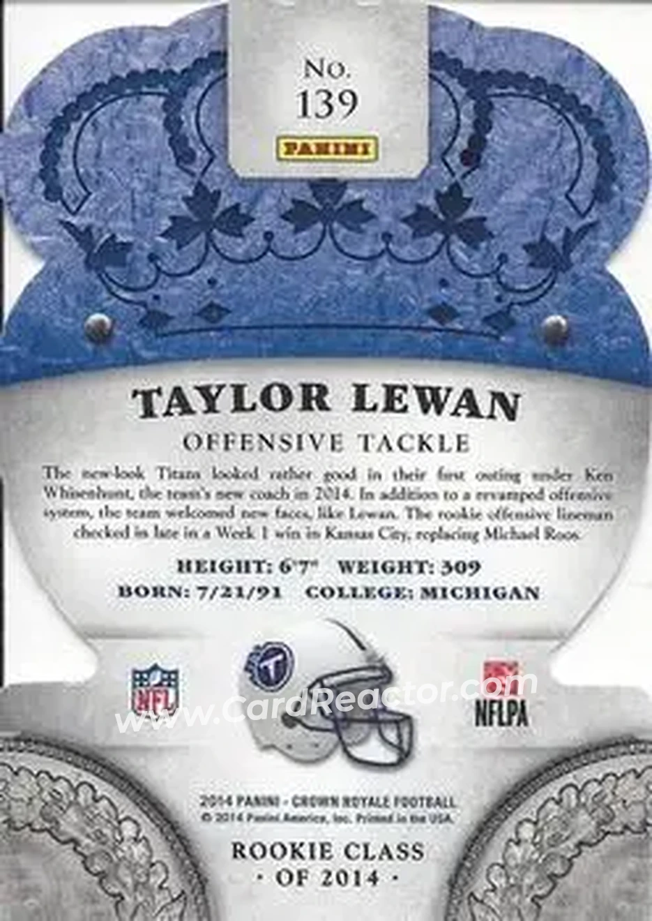 2014 Panini Crown Royale #139 - Taylor Lewan - Tennessee Titans - Back