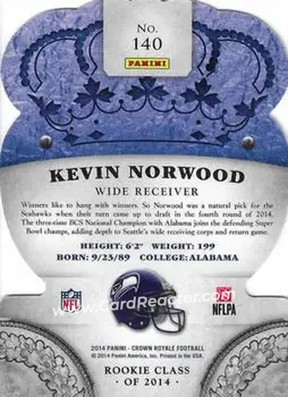 2014 Panini Crown Royale #140 - Kevin Norwood - Seattle Seahawks - Back