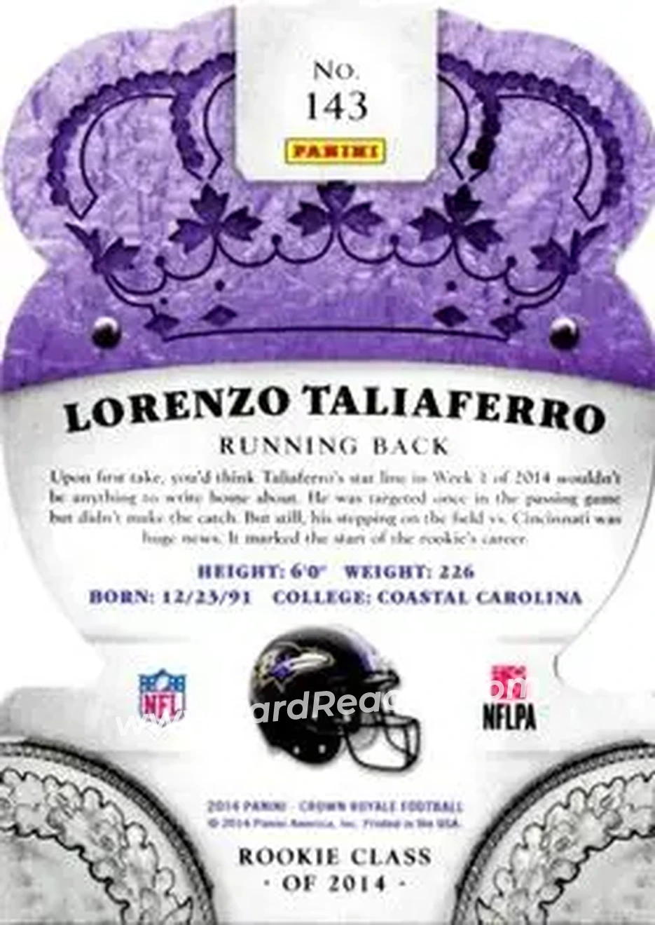 2014 Panini Crown Royale #143 - Lorenzo Taliaferro - Baltimore Ravens - Back