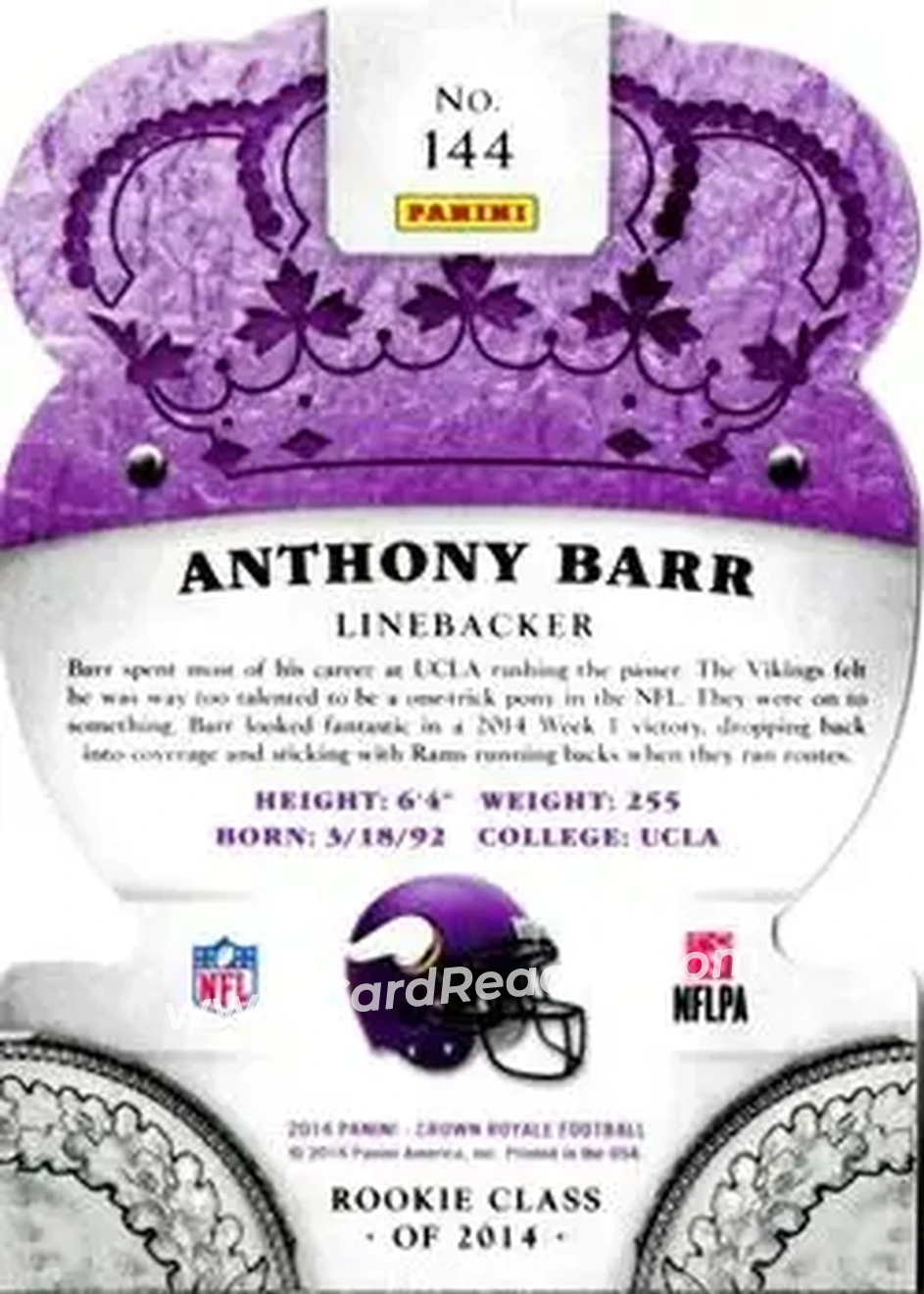 2014 Panini Crown Royale #144 - Anthony Barr - Minnesota Vikings - Back