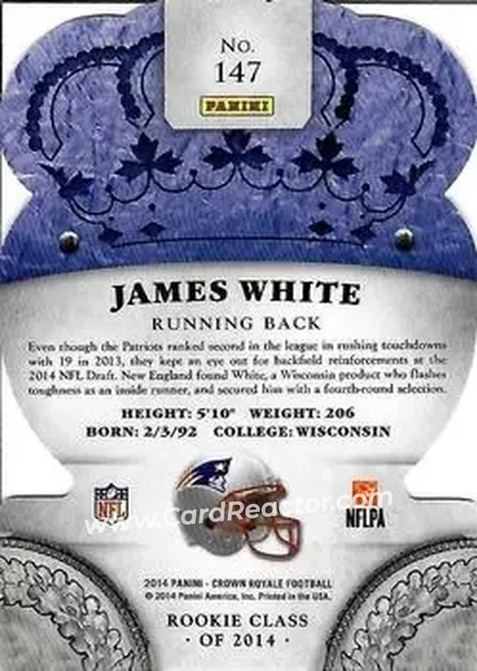 2014 Panini Crown Royale #147 - James White - New England Patriots - Back