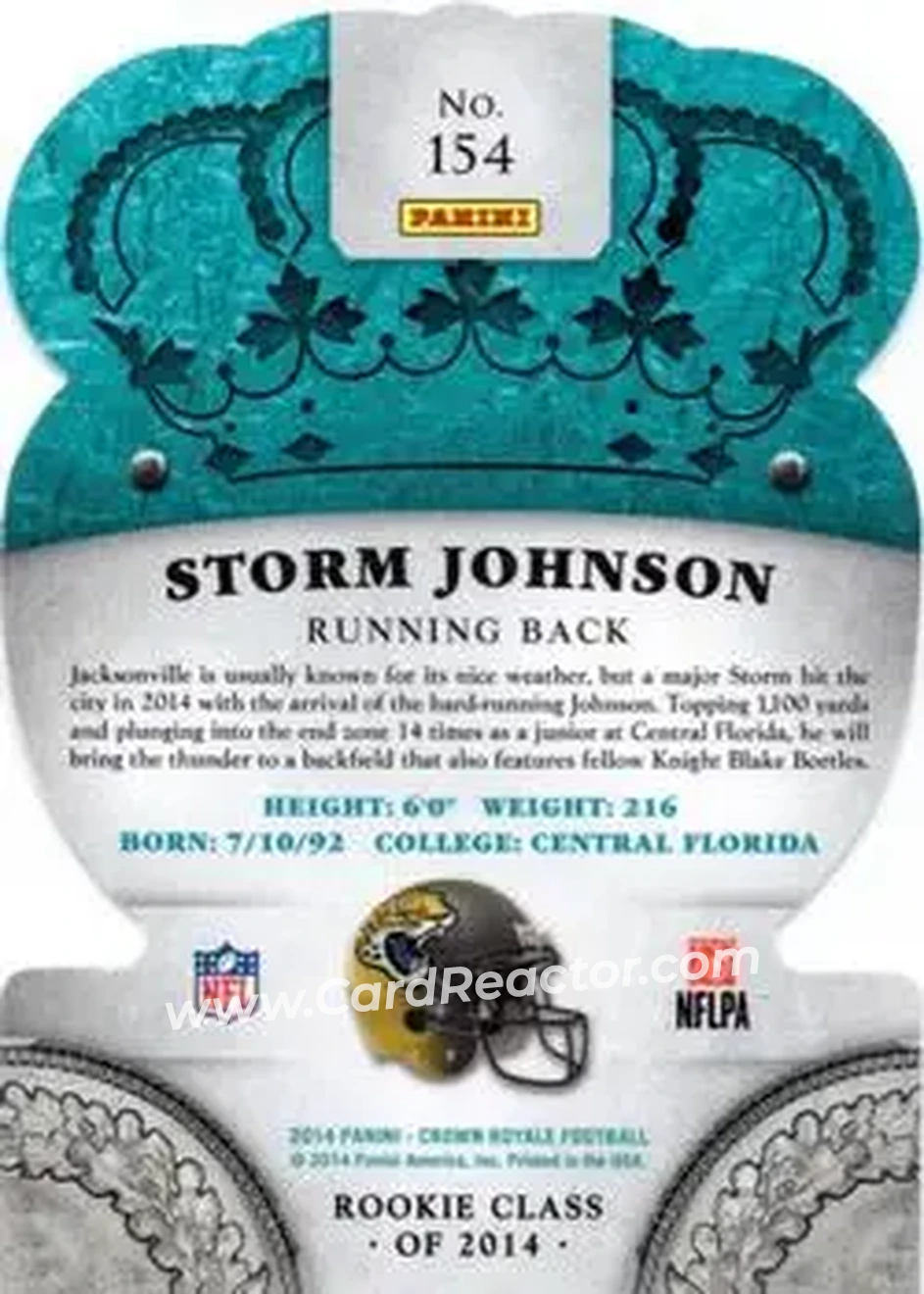 2014 Panini Crown Royale #154 - Storm Johnson - Jacksonville Jaguars - Back