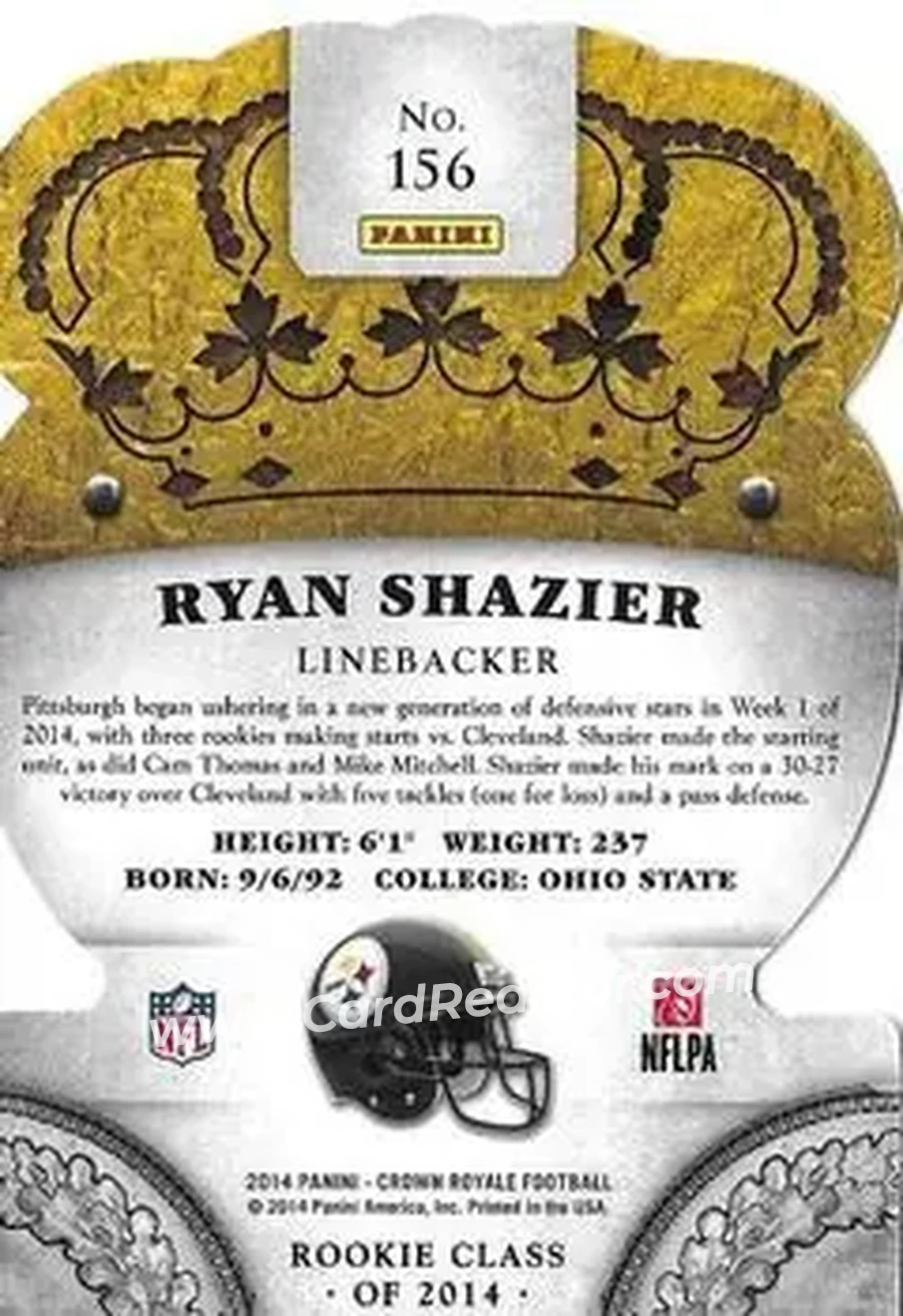 2014 Panini Crown Royale #156 - Ryan Shazier - Pittsburgh Steelers - Back