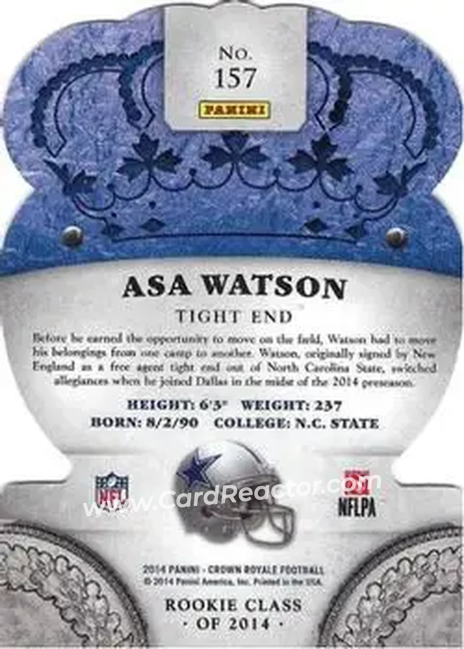 2014 Panini Crown Royale #157 - Asa Watson - Dallas Cowboys - Back