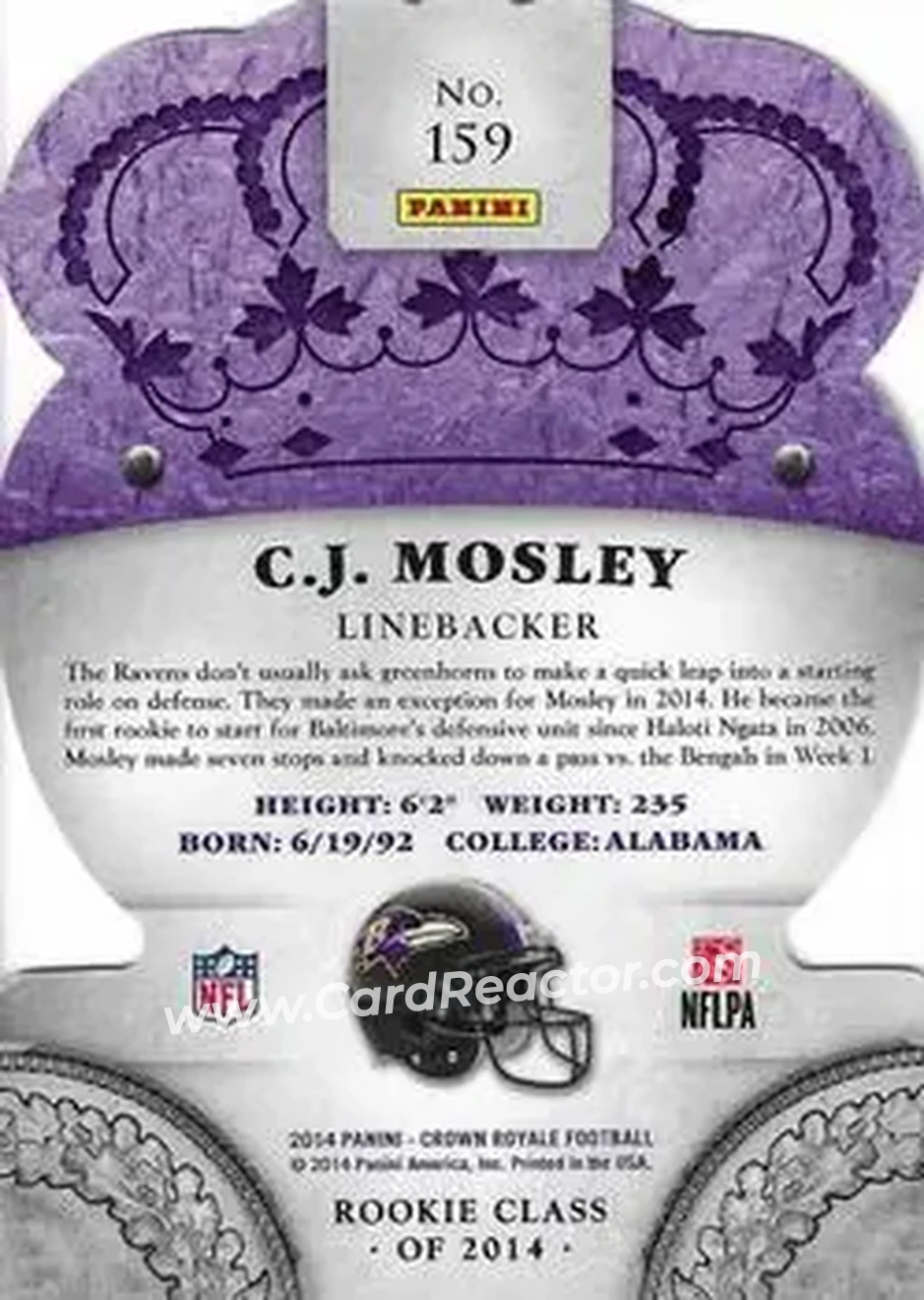 2014 Panini Crown Royale #159 - C.J. Mosley - Baltimore Ravens - Back