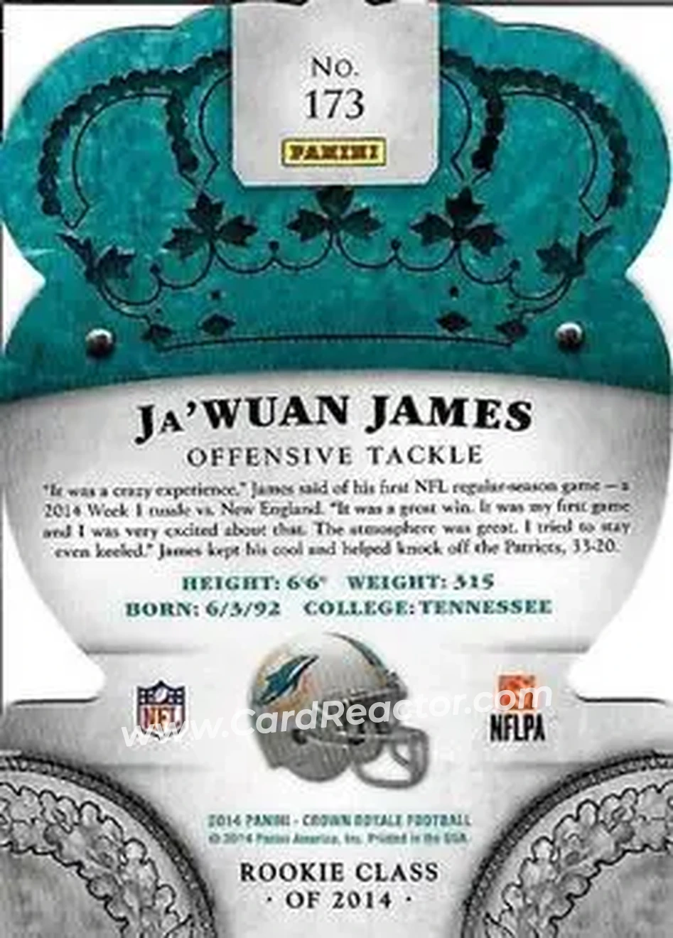 2014 Panini Crown Royale #173 - Ja'Wuan James - Miami Dolphins - Back