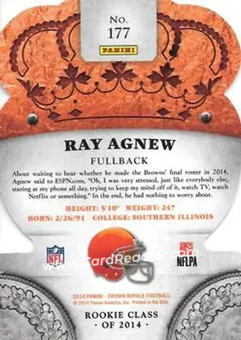 2014 Panini Crown Royale #177 - Ray Agnew - Cleveland Browns - Back