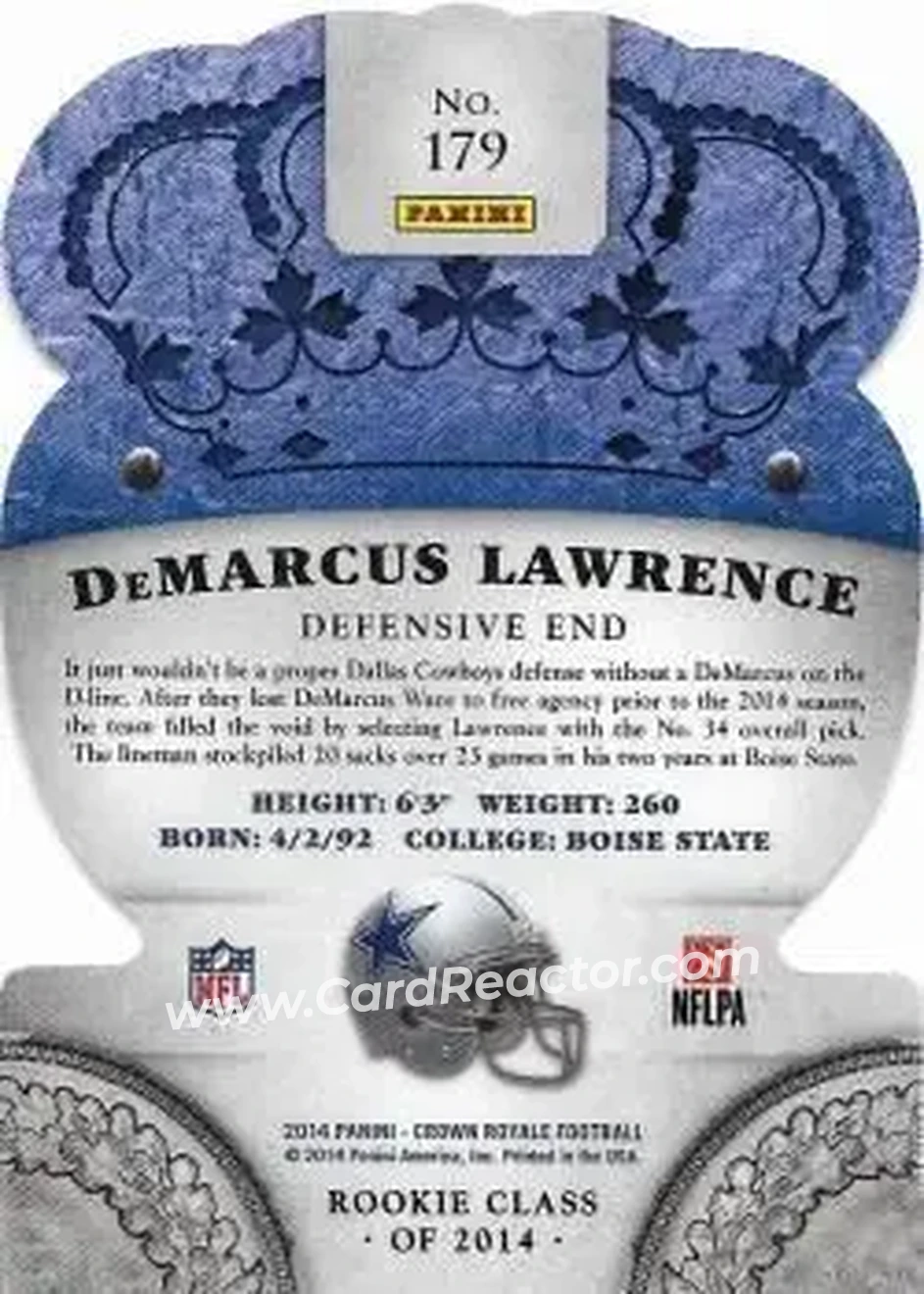2014 Panini Crown Royale #179 - DeMarcus Lawrence - Dallas Cowboys - Back