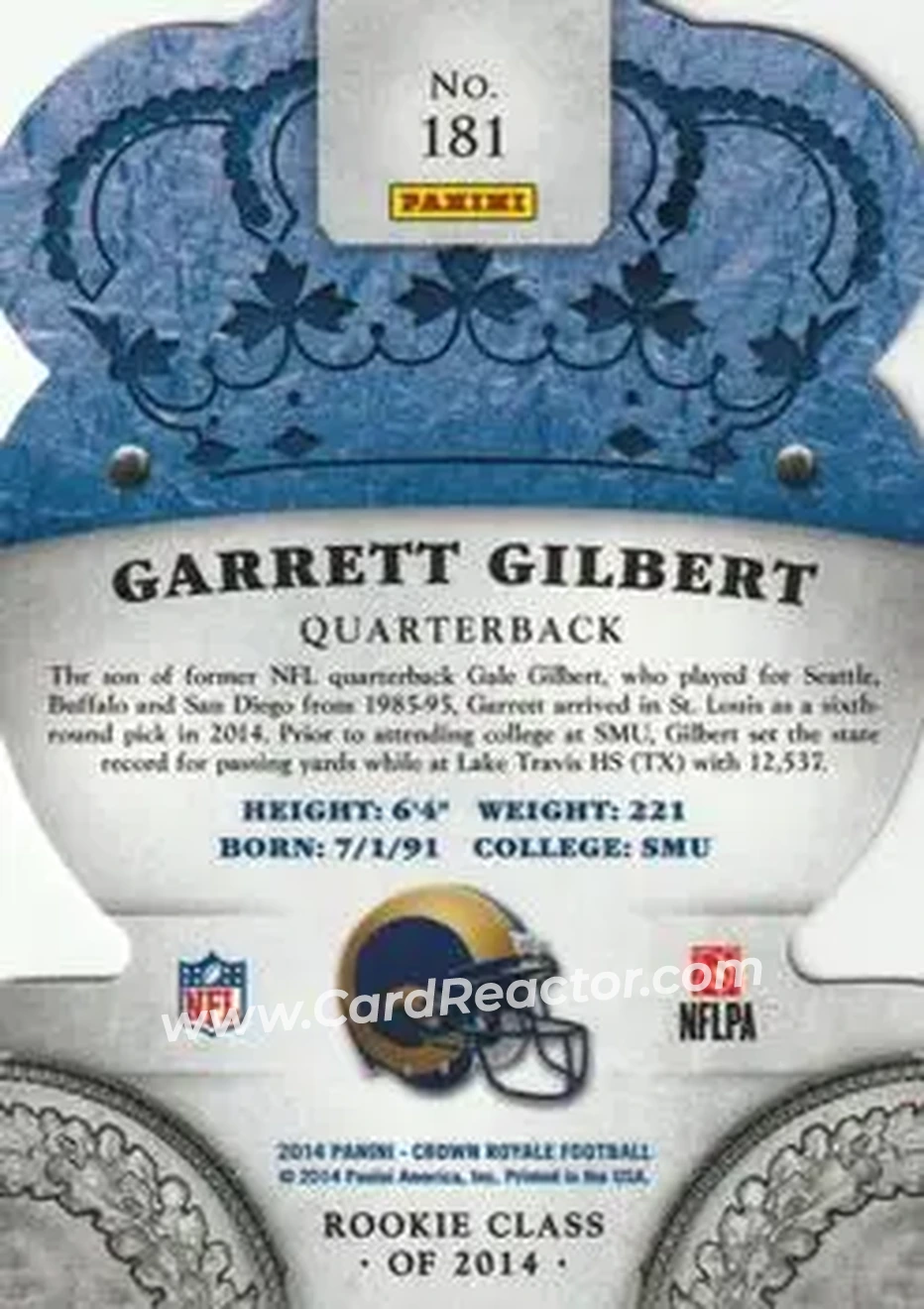 2014 Panini Crown Royale #181 - Garrett Gilbert - St. Louis Rams - Back