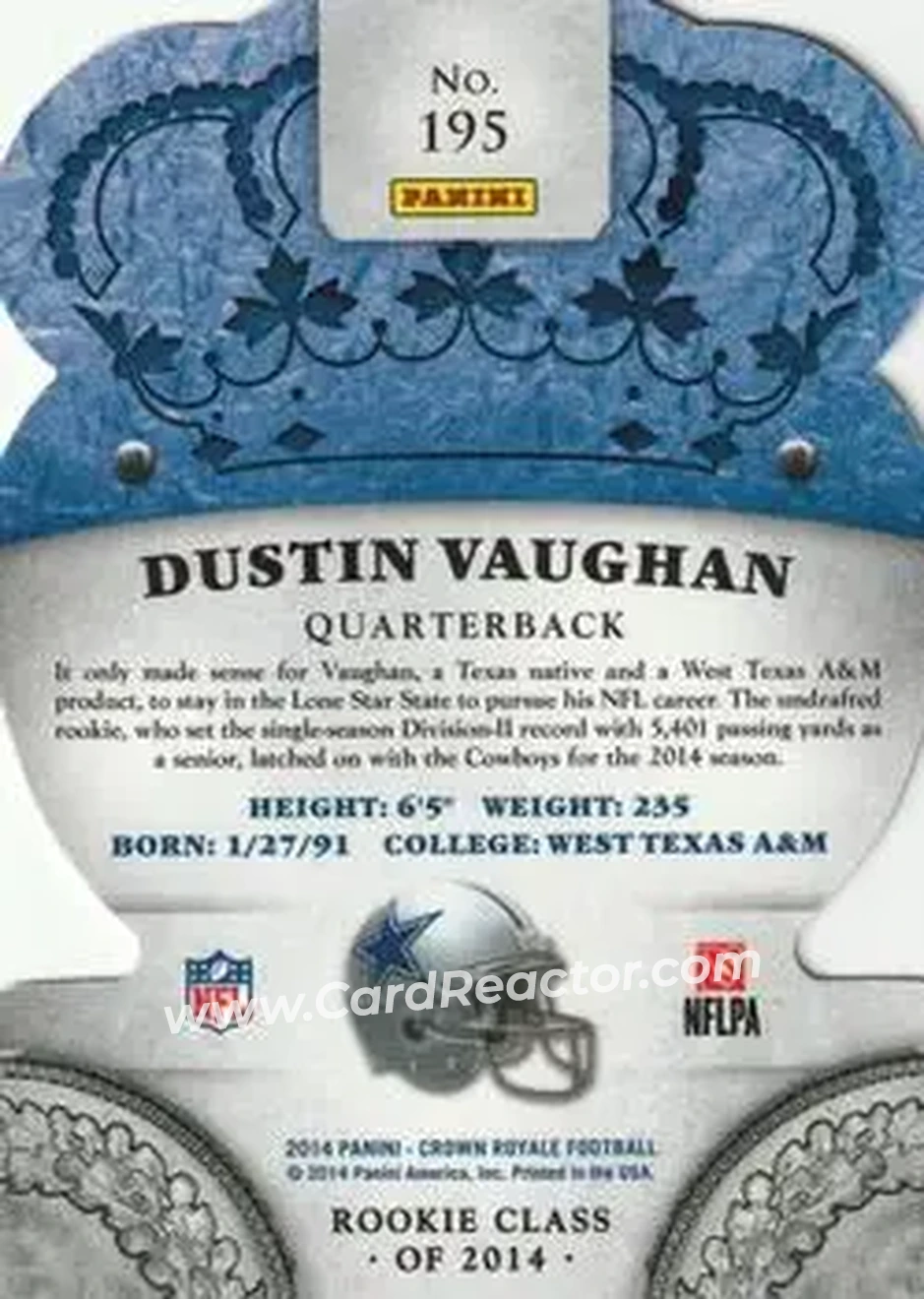 2014 Panini Crown Royale #195 - Dustin Vaughan - Dallas Cowboys - Back