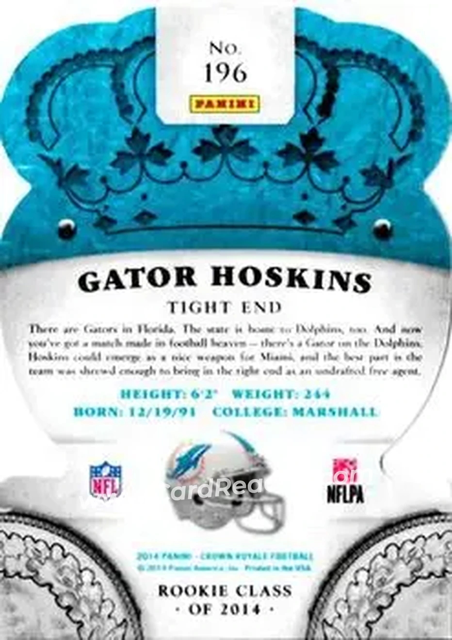 2014 Panini Crown Royale #196 - Gator Hoskins - Miami Dolphins - Back