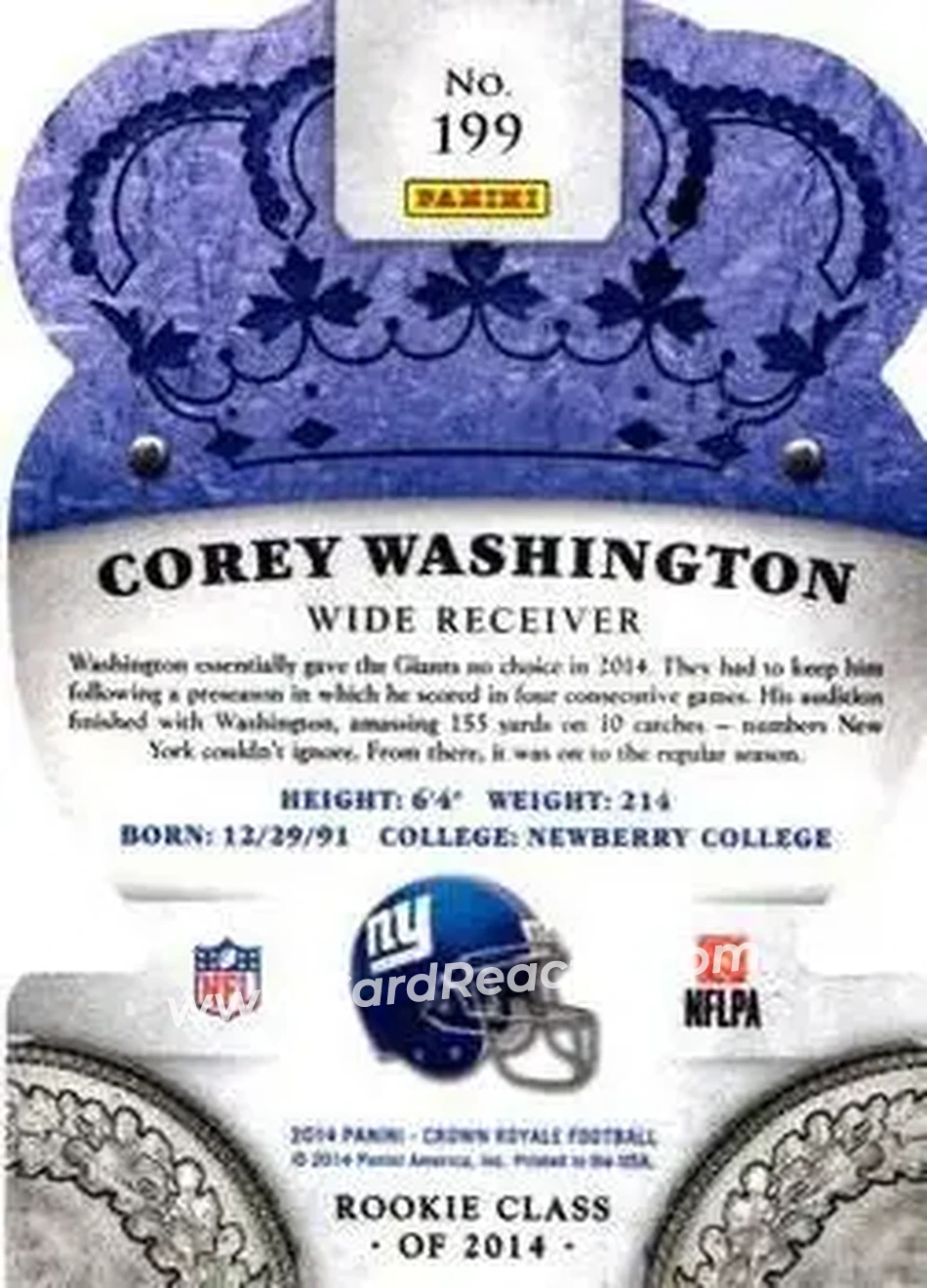 2014 Panini Crown Royale #199 - Corey Washington - New York Giants - Back