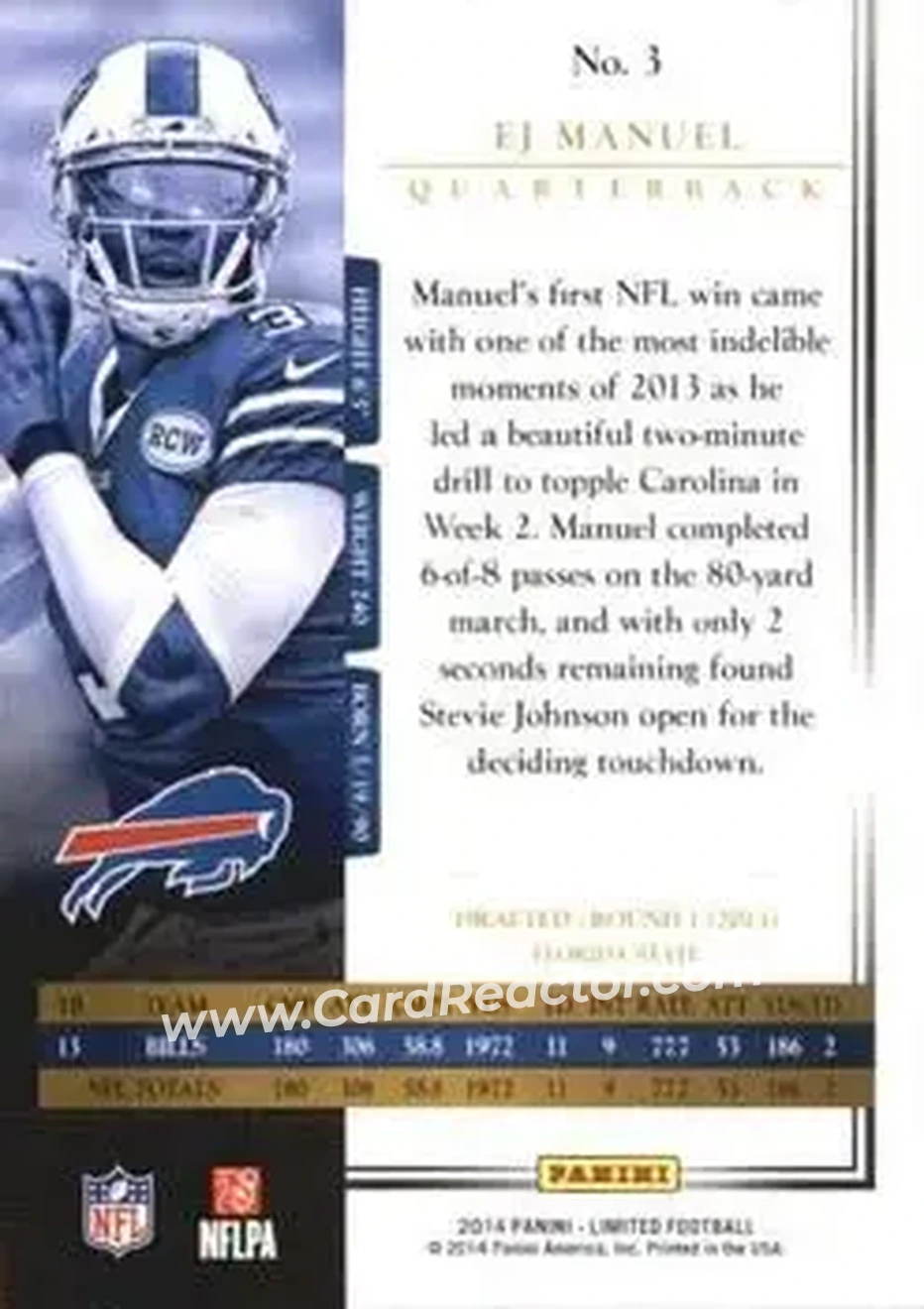 2014 Panini Limited #3 - EJ Manuel - Buffalo Bills - Back