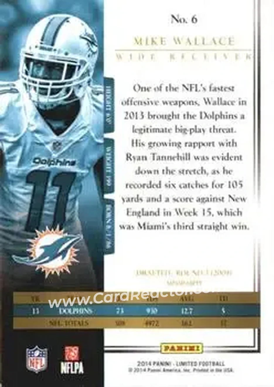 2014 Panini Limited #6 - Mike Wallace - Miami Dolphins - Back