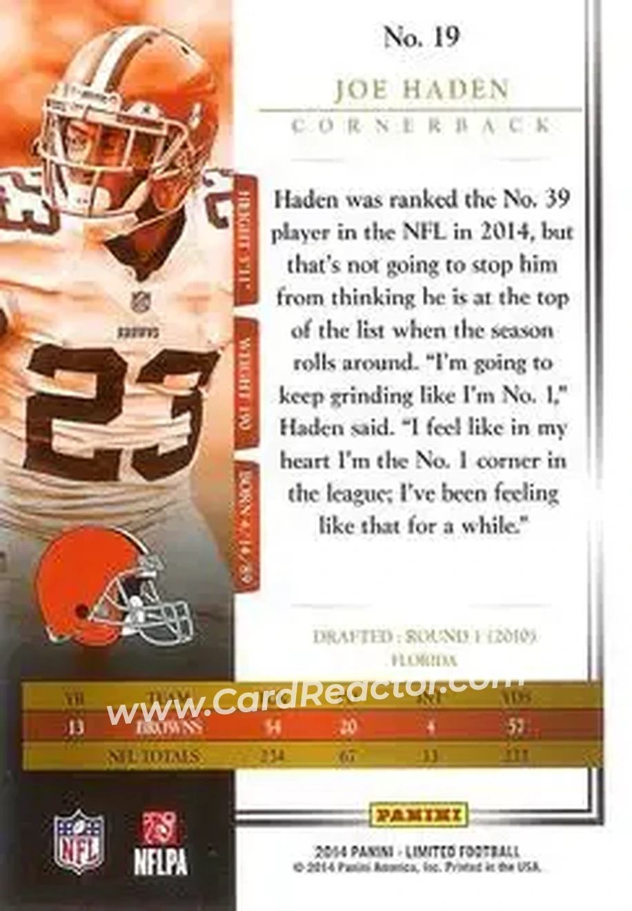 2014 Panini Limited #19 - Joe Haden - Cleveland Browns - Back