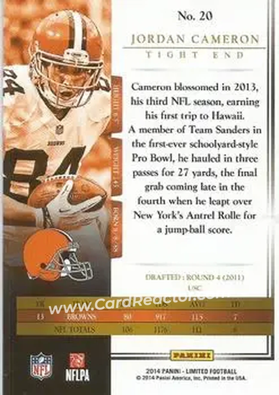 2014 Panini Limited #20 - Jordan Cameron - Cleveland Browns - Back
