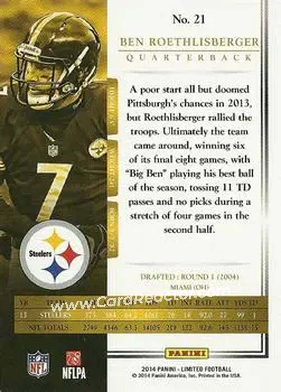 2014 Panini Limited #21 - Ben Roethlisberger - Pittsburgh Steelers - Back