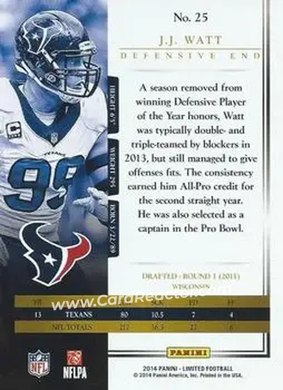 2014 Panini Limited #25 - J.J. Watt - Houston Texans - Back