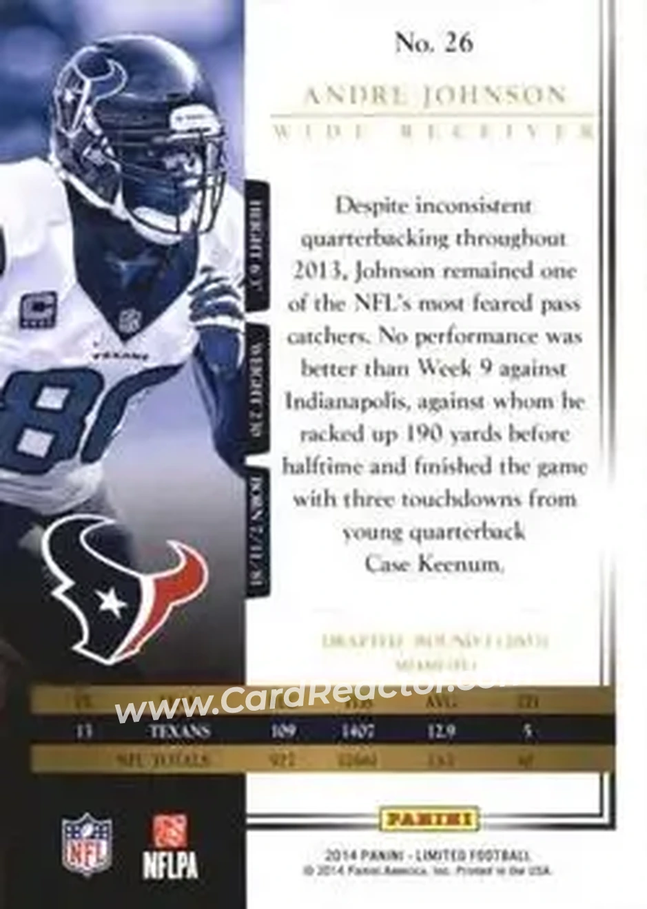 2014 Panini Limited #26 - Andre Johnson - Houston Texans - Back