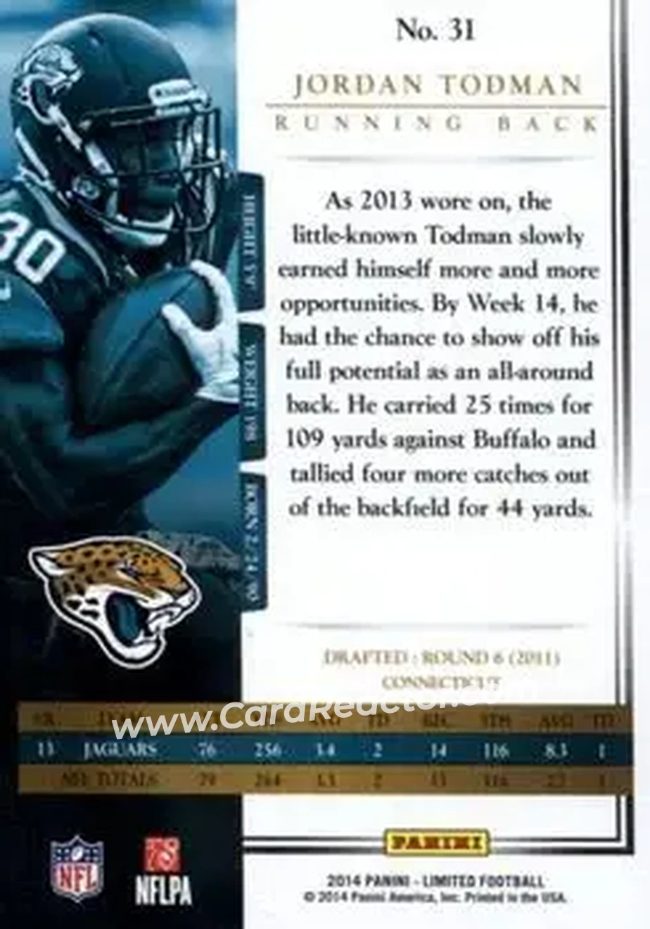 2014 Panini Limited #31 - Jordan Todman - Jacksonville Jaguars - Back